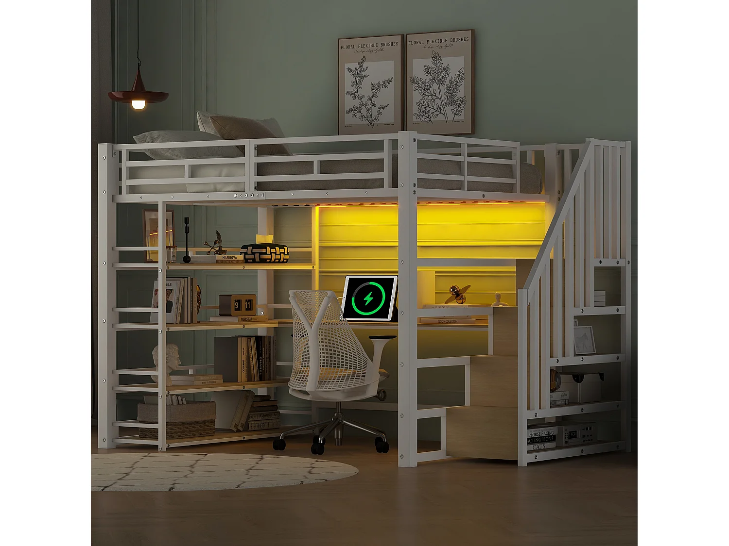 Łóżko piętrowe metalowe - 140 x 200 cm - z drabinką + biurko + półka + USB + diody LED - MDF + metal - białe 4832517 - obrazek 1