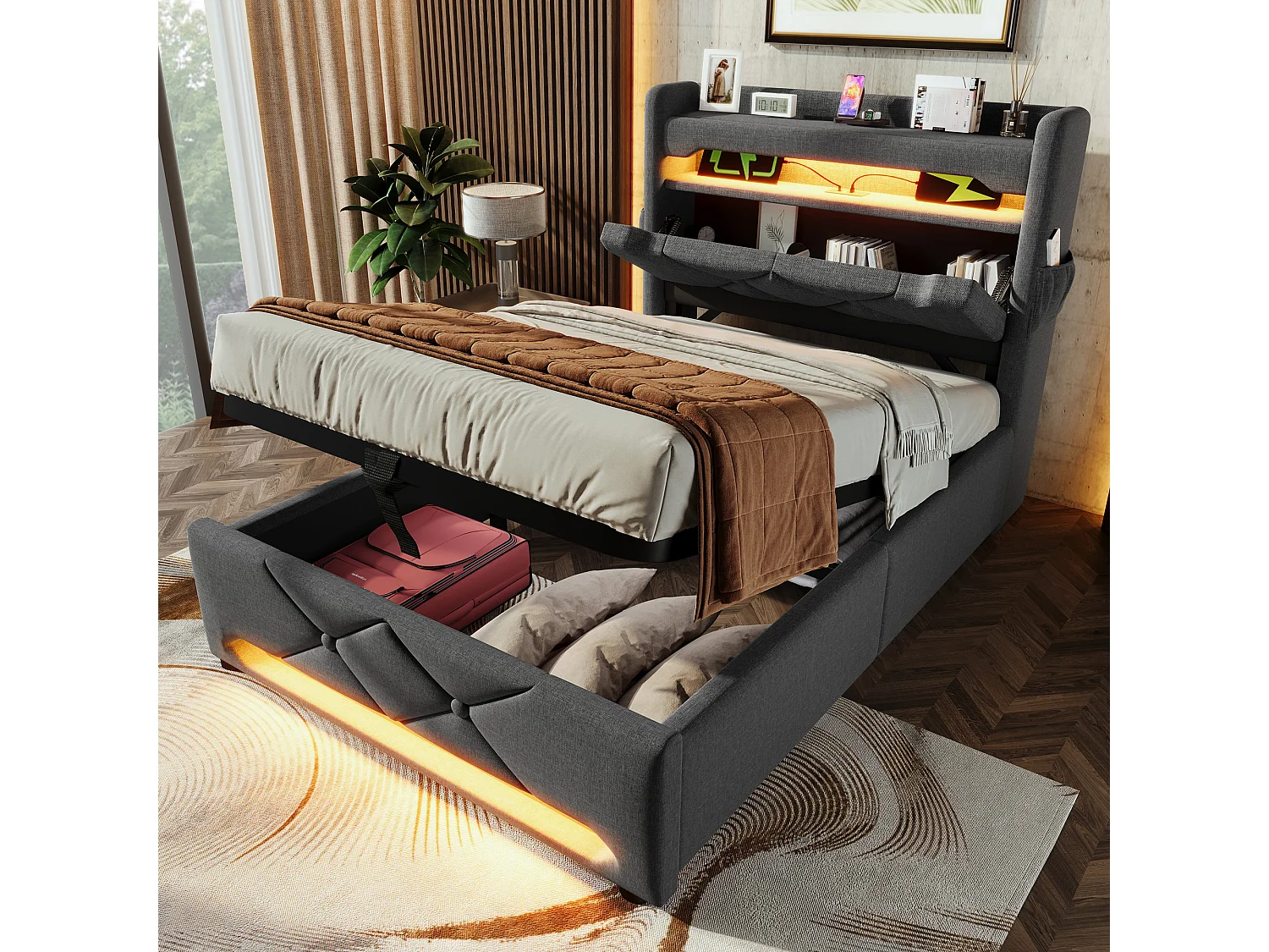 Tapicerowane łóżko z pojemnikiem 90x200 cm - z LED i portami ładowania USB - Tkanina lniana - Wezgłowie z przestrzenią do przechowywania - Szary 4089798 - obrazek 1