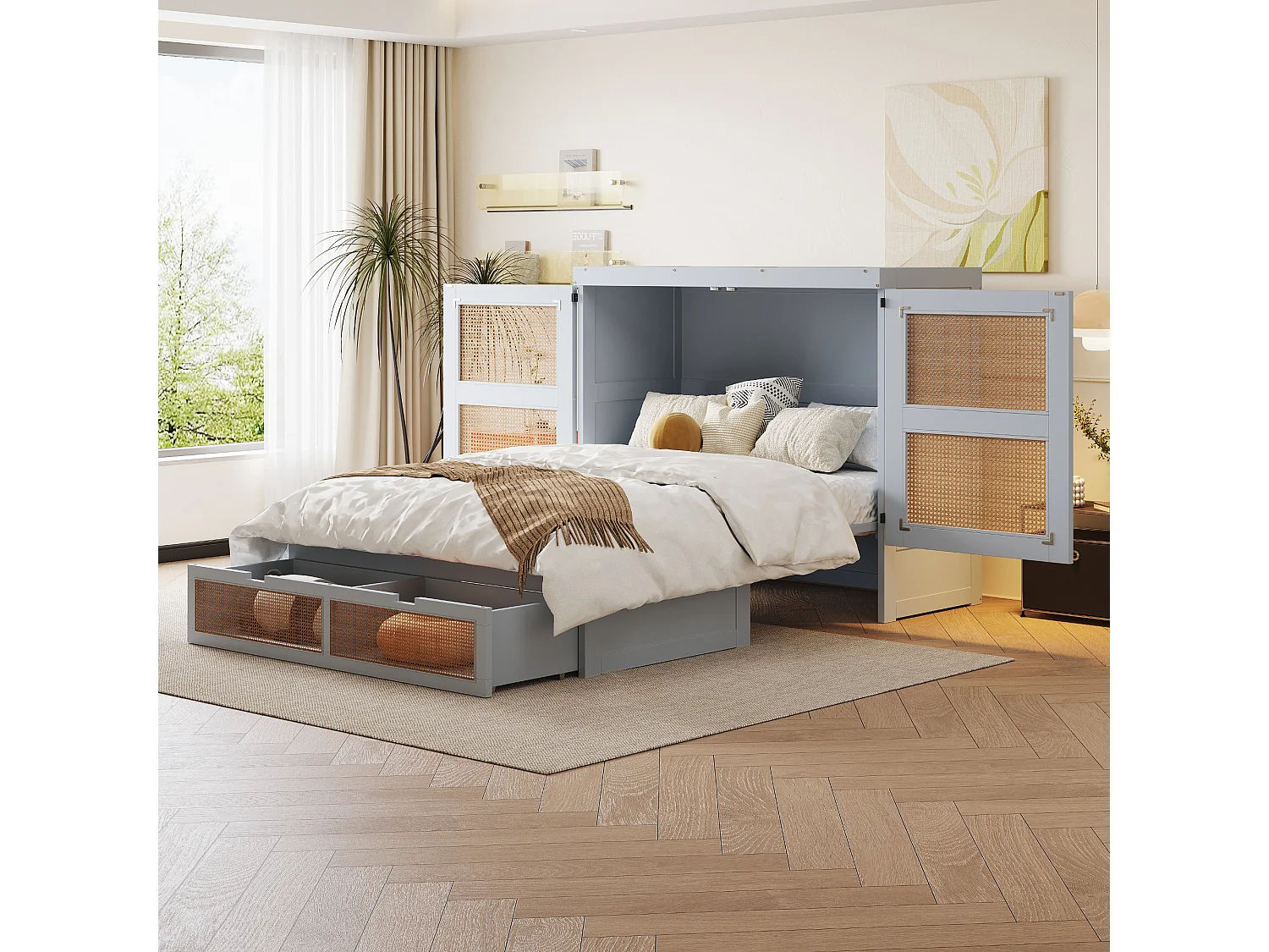 Łóżko składane – łóżko 140 x 200 cm z szufladami i wzorem rattanowym – szare drewno – materac nie jest w zestawie. 4836586