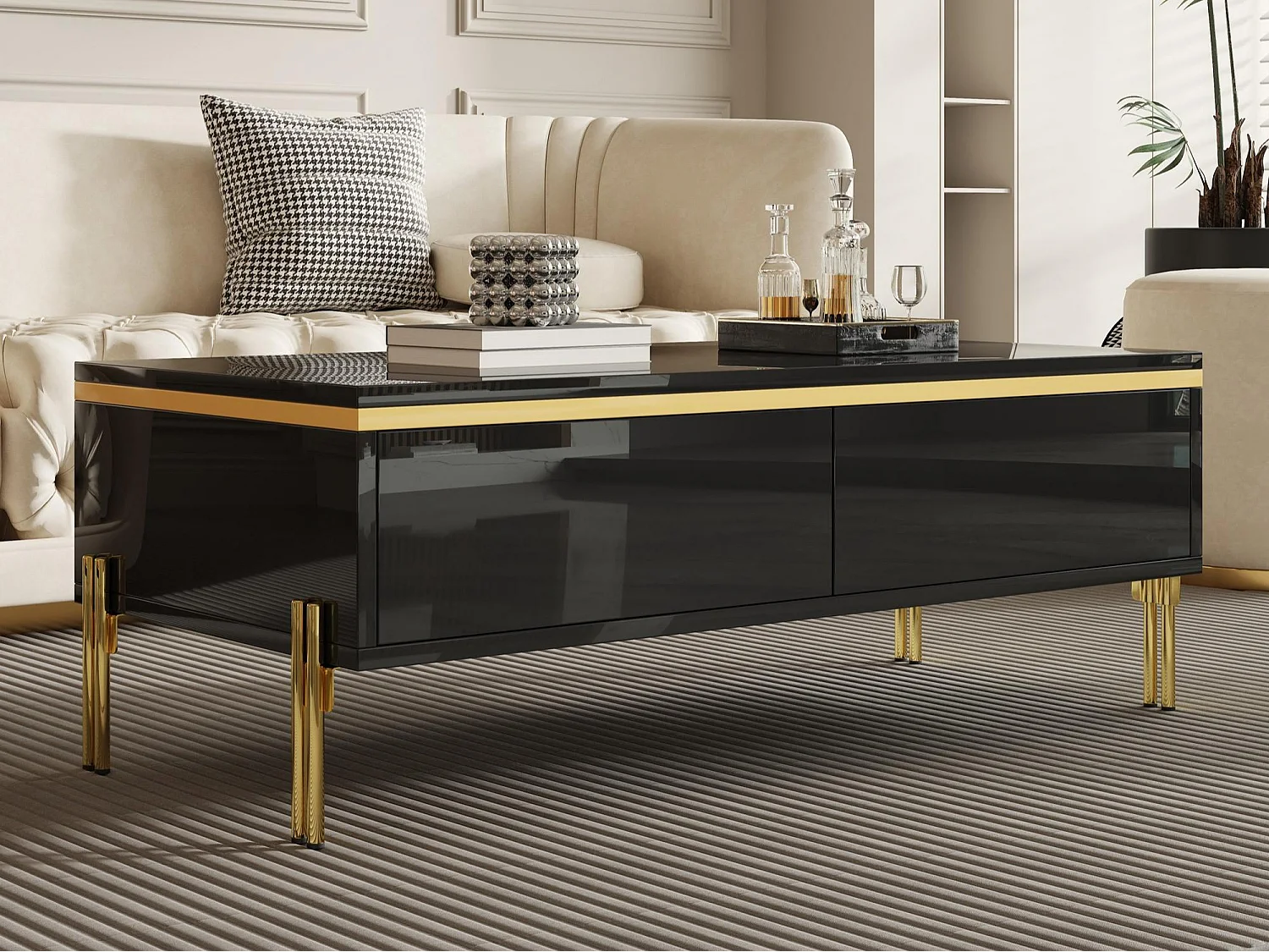Lakierowany błyszczący stolik kawowy 100x50x36 cm – 2 szuflady – Nogi metalowe – Płyta wiórowa – Czarny 4838997