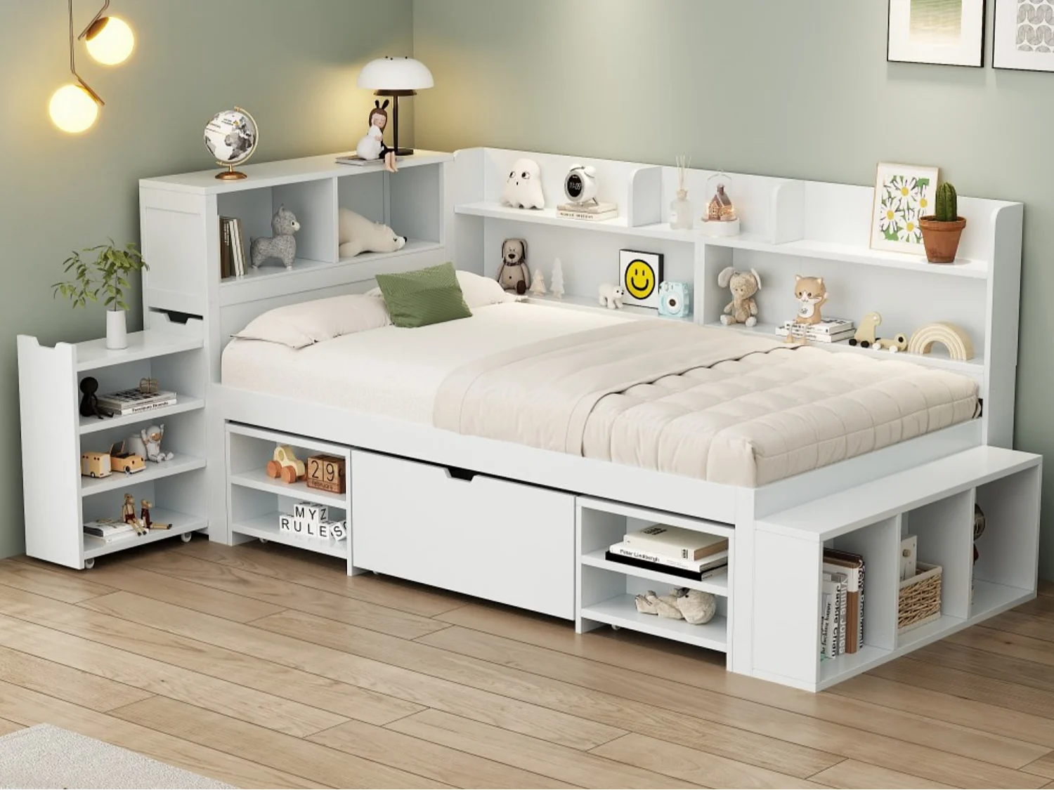 Łóżko pojedyncze 90x190cm z MDF - z szufladami i półkami - z małą zdejmowaną biblioteczką - z stelażem lamelowym - Biały​ (bez materaca) 4839060 - obrazek 1