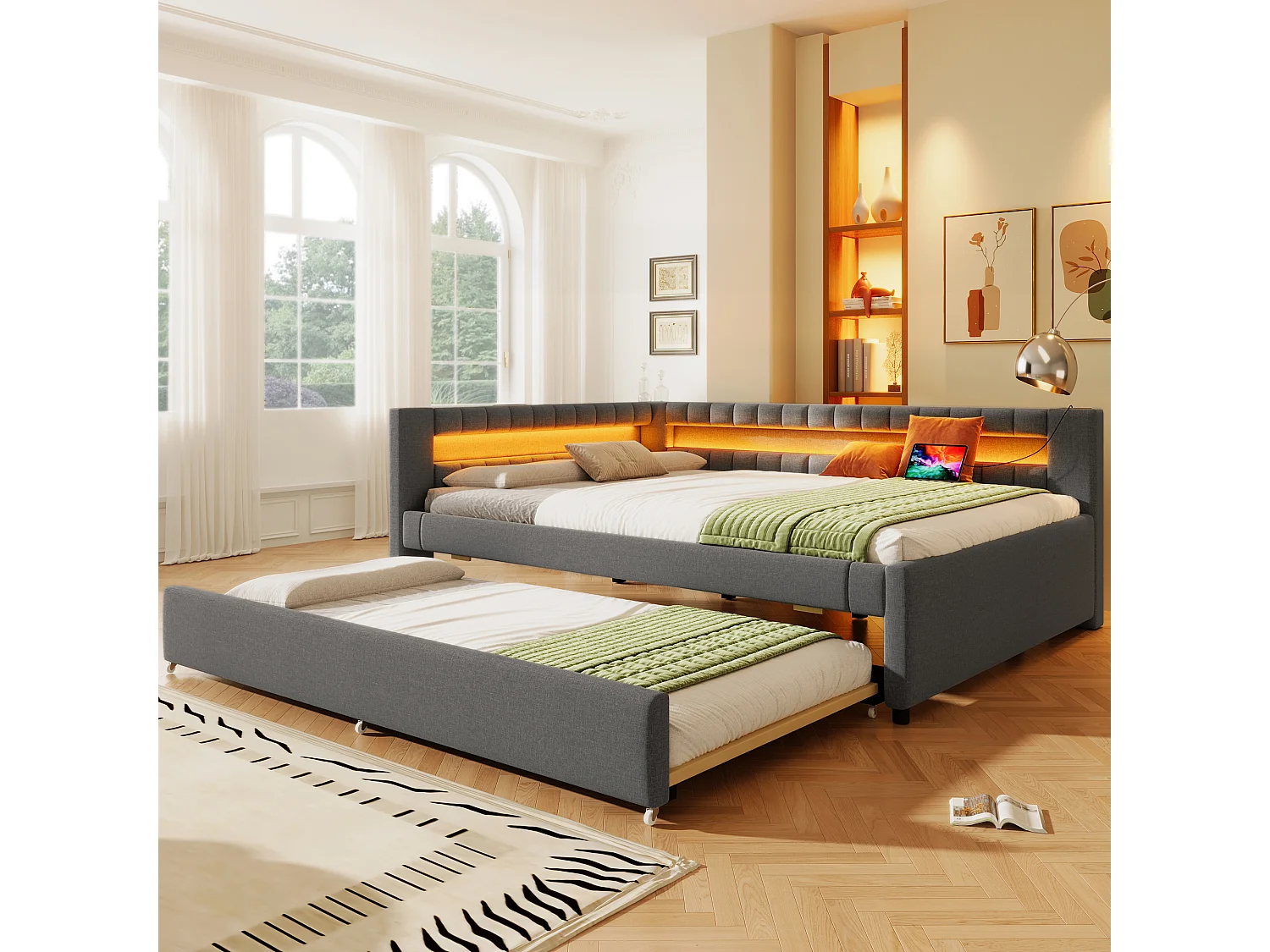 Łóżko tapicerowane wysuwane - 140 x 200 cm + 90 x 190 cm - z diodami LED + USB + Typ C - materac nie jest wliczony w cenę - pościel + płyta MDF - szare 4840106 - obrazek 1