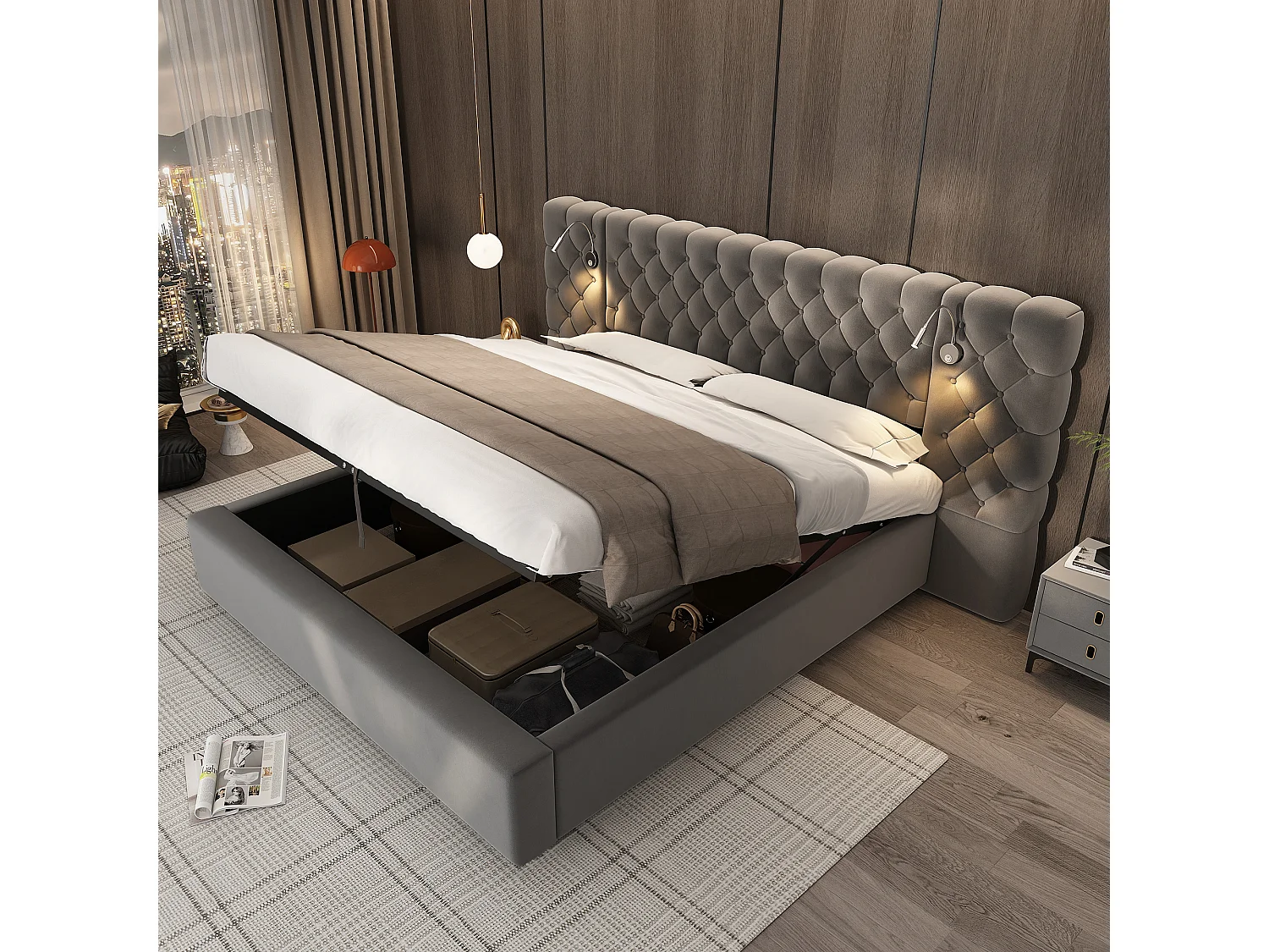 Łóżko tapicerowane ze schowkiem - 160 x 200 cm - z zagłówkiem + oświetlenie LED + hydrauliczny schowek - aksamit - szary 4840109 - obrazek 1