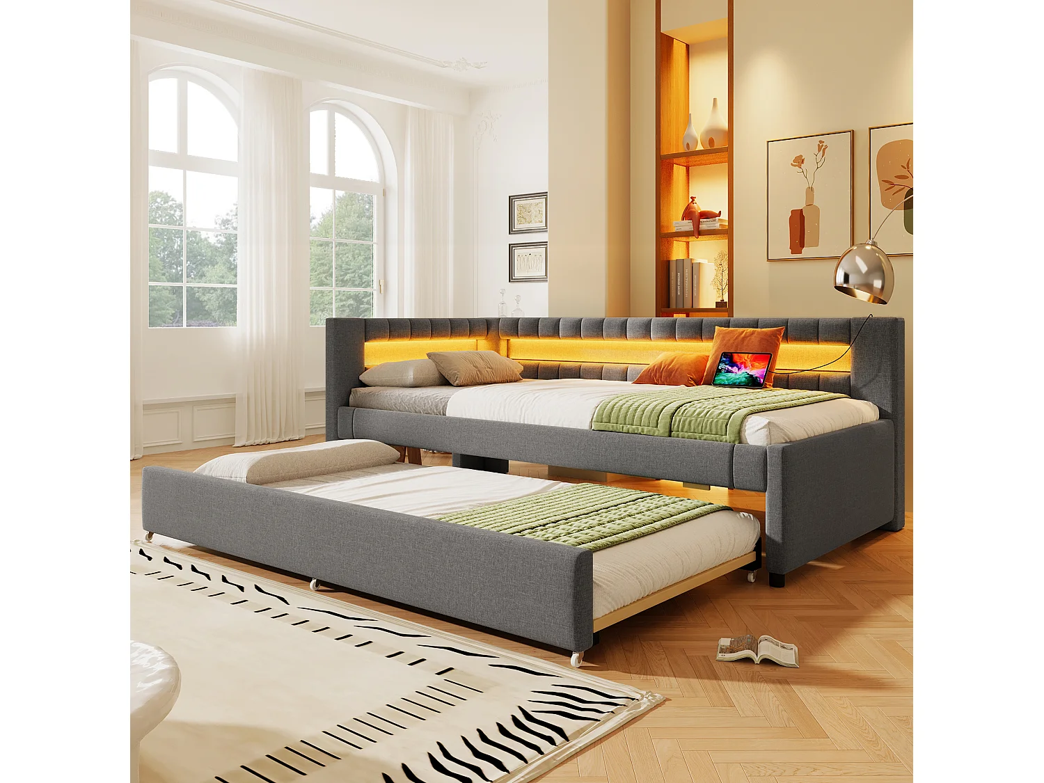 Łóżko tapicerowane wysuwane – 90 x 200 cm + 90 x 190 cm – z diodami LED + USB + Type-C – bez materaca – len + płyta MDF – szare 4840107