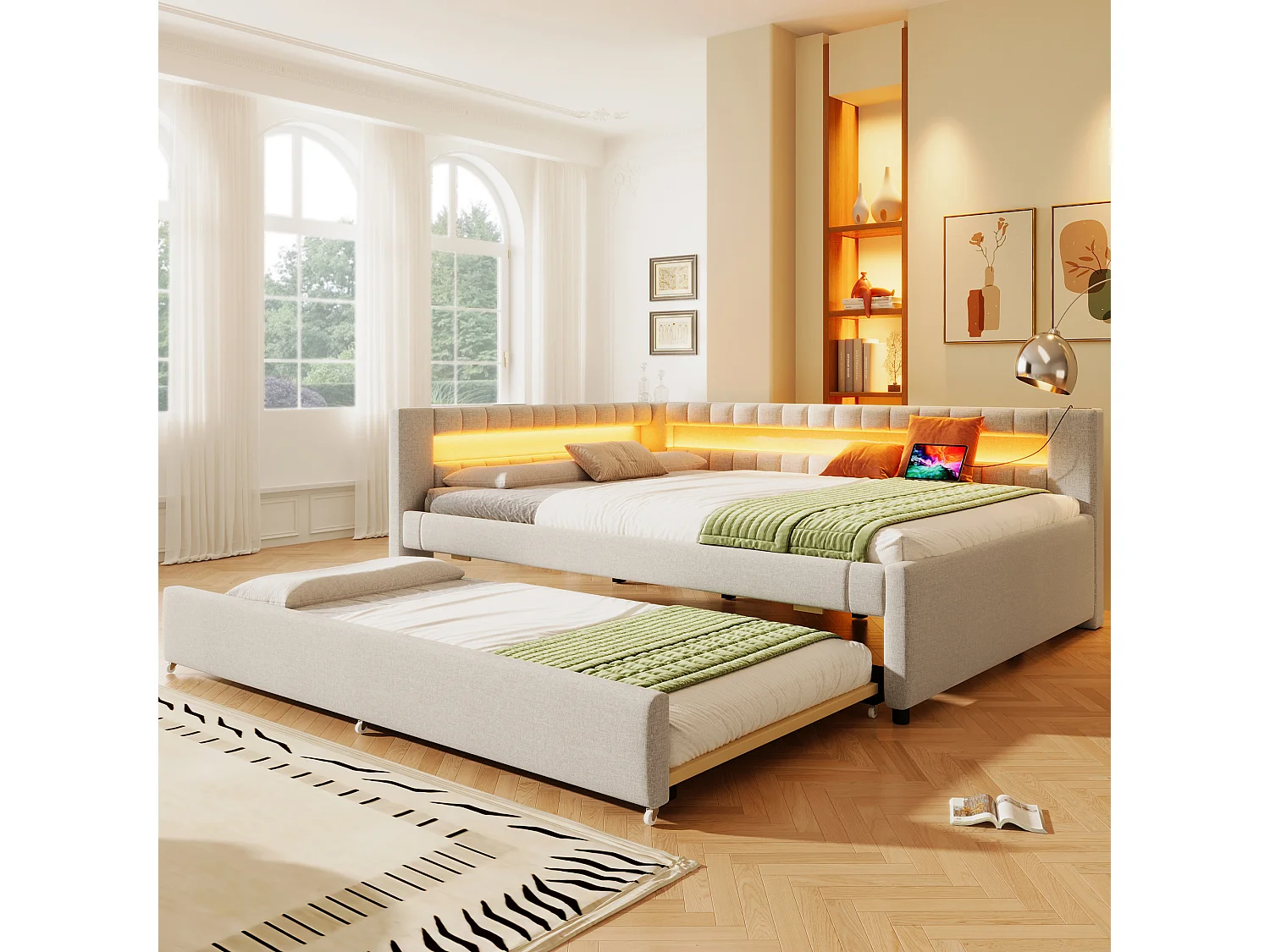 Łóżko tapicerowane wysuwane – 140 x 200 cm + 90 x 190 cm – z diodami LED + USB + Typ C – materac nie jest wliczony w cenę – pościel + płyta MDF – beżowe 4840108