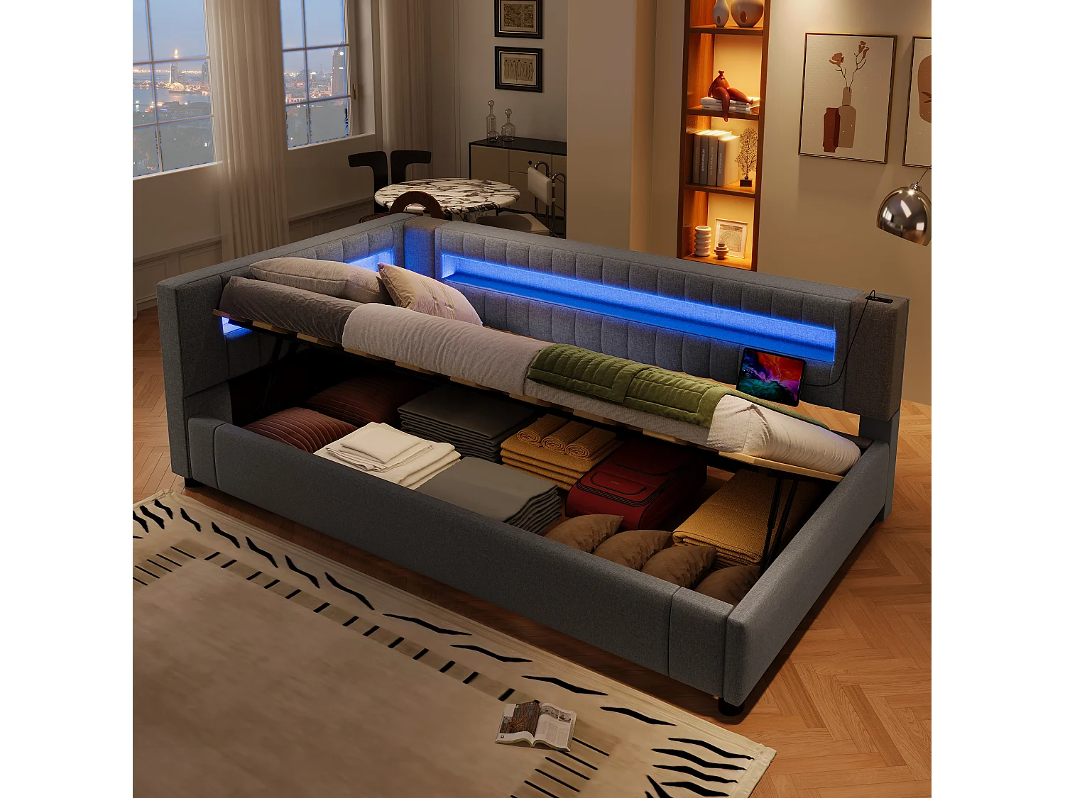 Łóżko tapicerowane ze schowkiem - 90 x 200 cm - z diodami LED + USB + Type-C + schowek hydrauliczny - len + MDF - szare 4840117 - obrazek 1