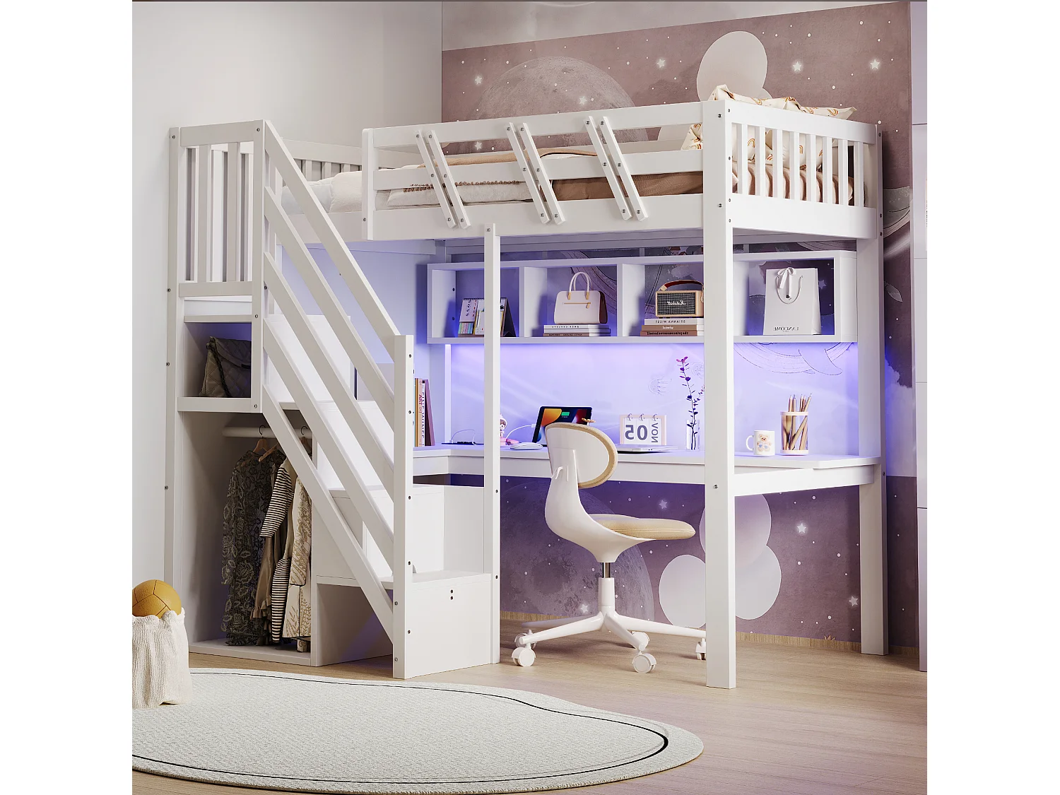 Łóżko piętrowe dla dzieci - 90 x 200 cm - ze schodkami do przechowywania + biurko + port USB + diody LED - drewno - białe 4840141 - obrazek 1