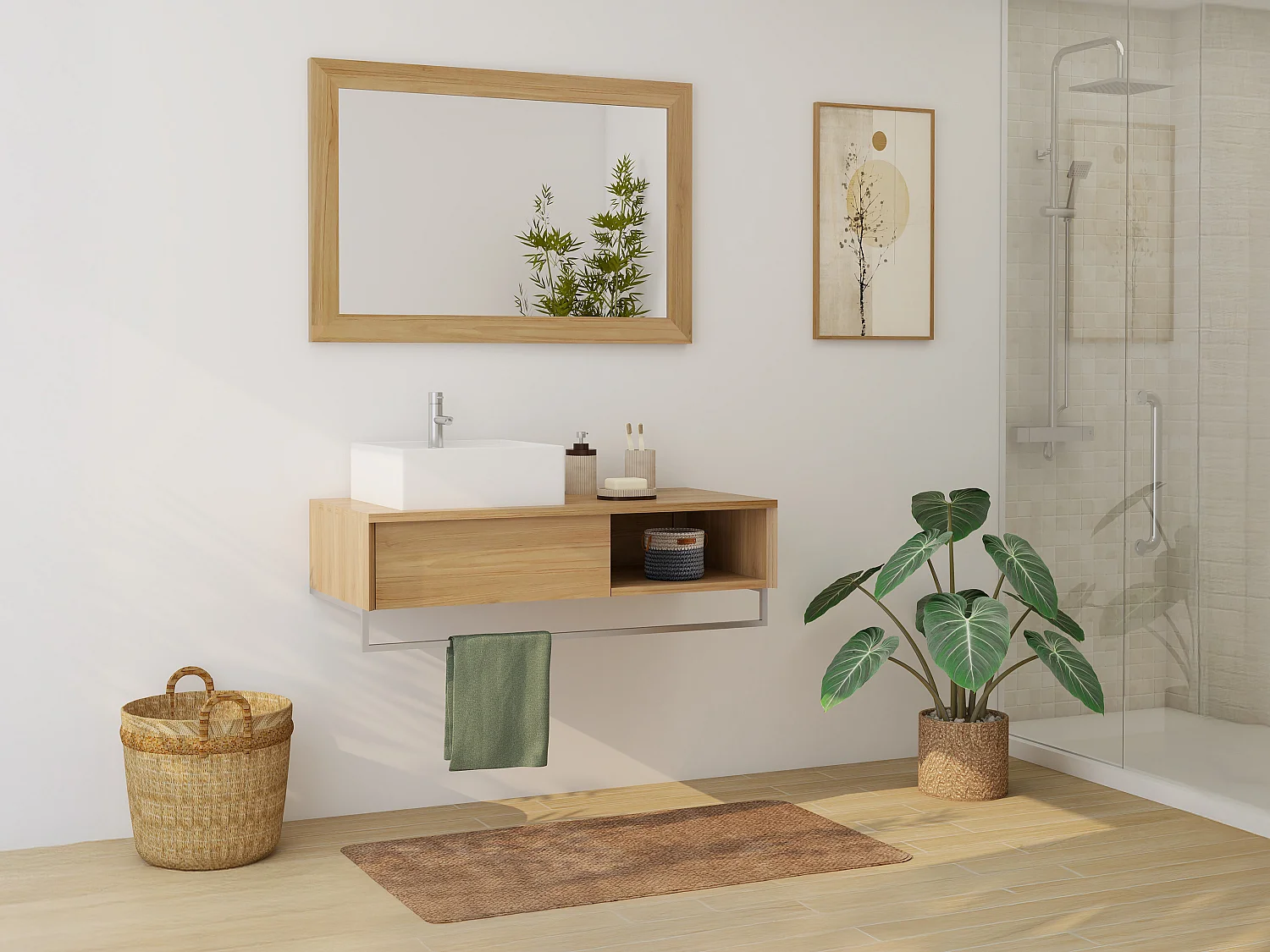 Podwieszana szafka łazienkowa z drewna tekowego z wieszakiem na ręcznik i kwadratową ceramiczną umywalką nablatową – 105 cm – KUPANG 4836361