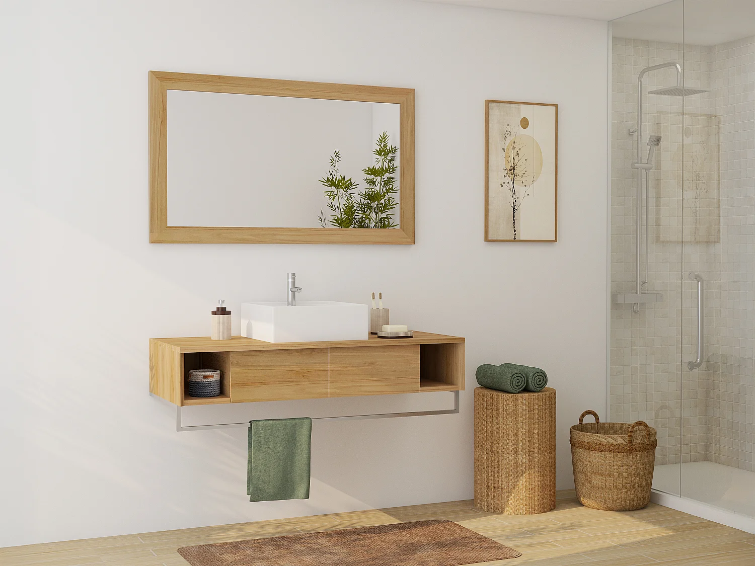 Podwieszana szafka łazienkowa z drewna tekowego z wieszakiem na ręczniki i kwadratową umywalką nablatową ceramiczną – 120 cm – KUPANG 4836365