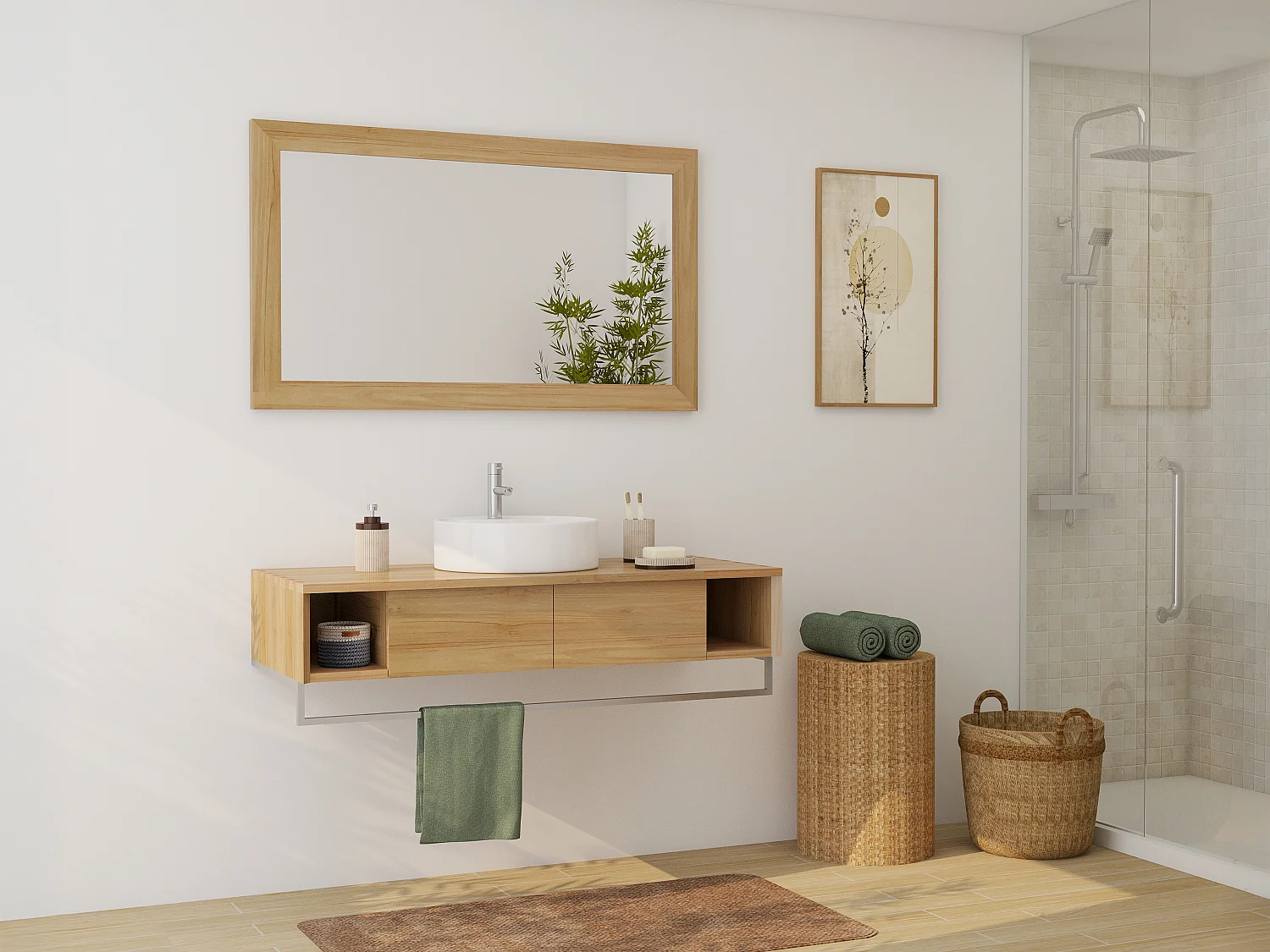 Podwieszana szafka łazienkowa z drewna tekowego z wieszakiem na ręczniki i okrągłą ceramiczną umywalką nablatową – 120 cm – KUPANG 4836366