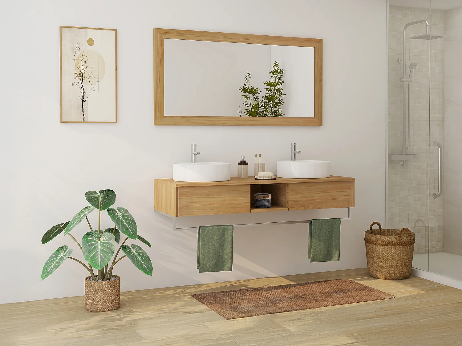 Podwieszana szafka łazienkowa z drewna tekowego z wieszakiem na ręczniki i podwójną okrągłą umywalką ceramiczną – 140 cm – KUPANG 4836370