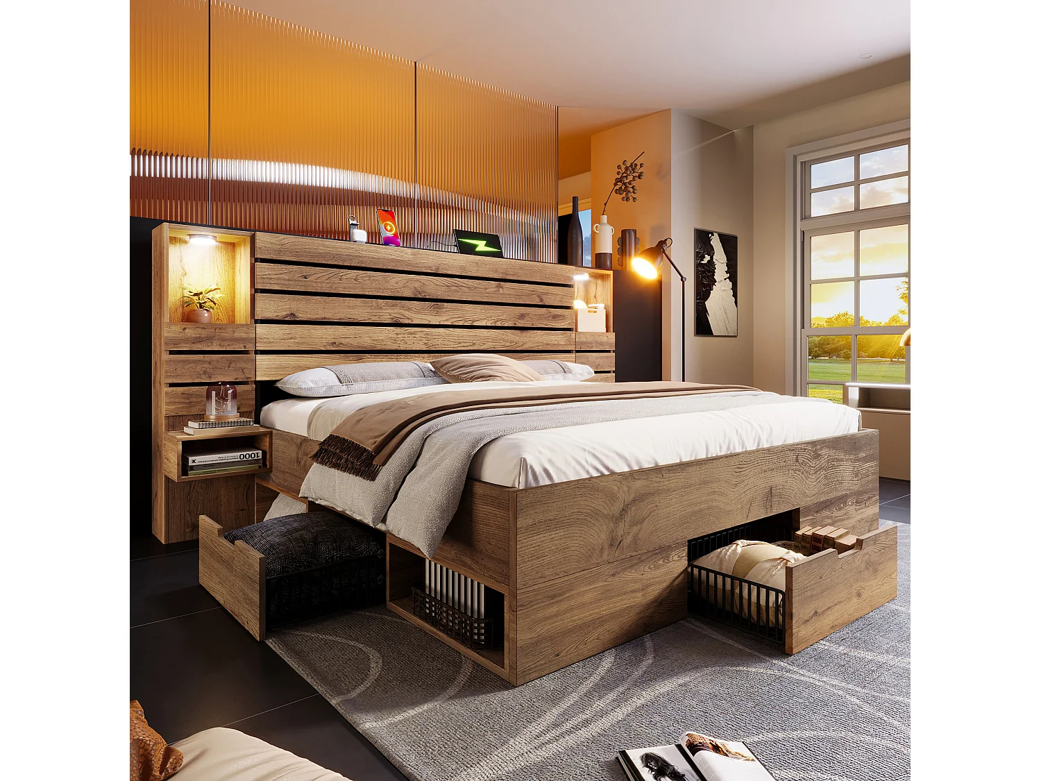 Łóżko podwójne z efektem dębu - 180 x 200 cm - z diodami LED + USB + 2 szafki nocne + szuflady - drewno - naturalne 4840855 - obrazek 1