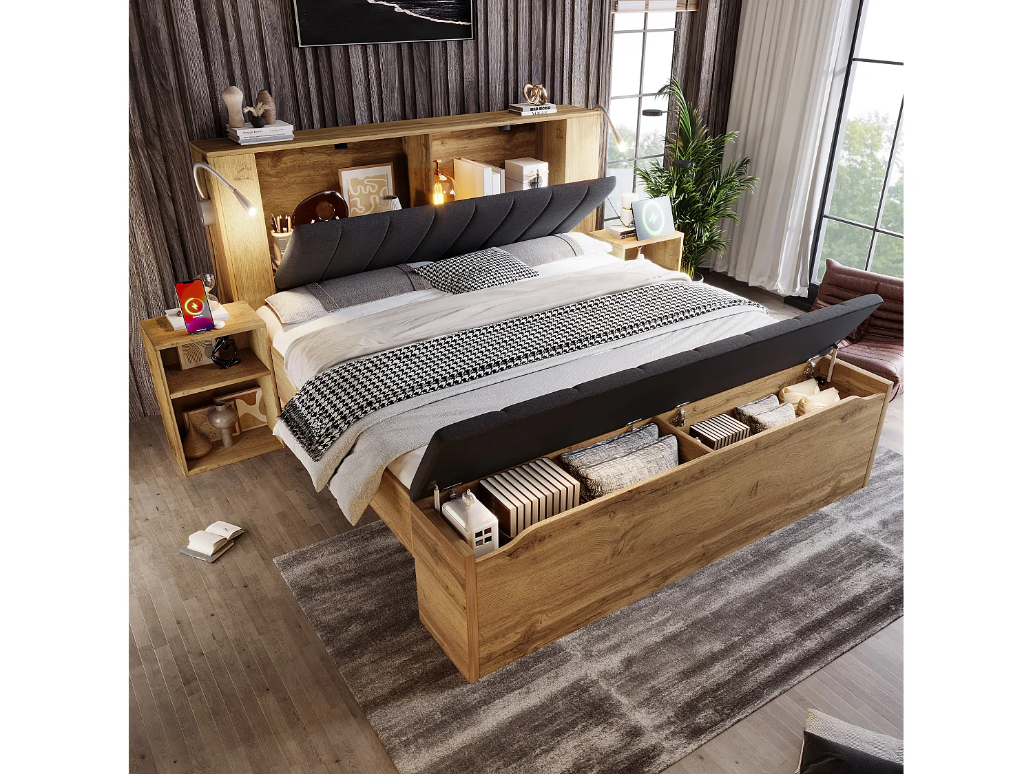 Łóżko podwójne drewniane - 180 x 200 cm - ze składanym zagłówkiem + 2 szafki nocne + ława ze schowkiem + 2 lampki - naturalne 4840854 - obrazek 1