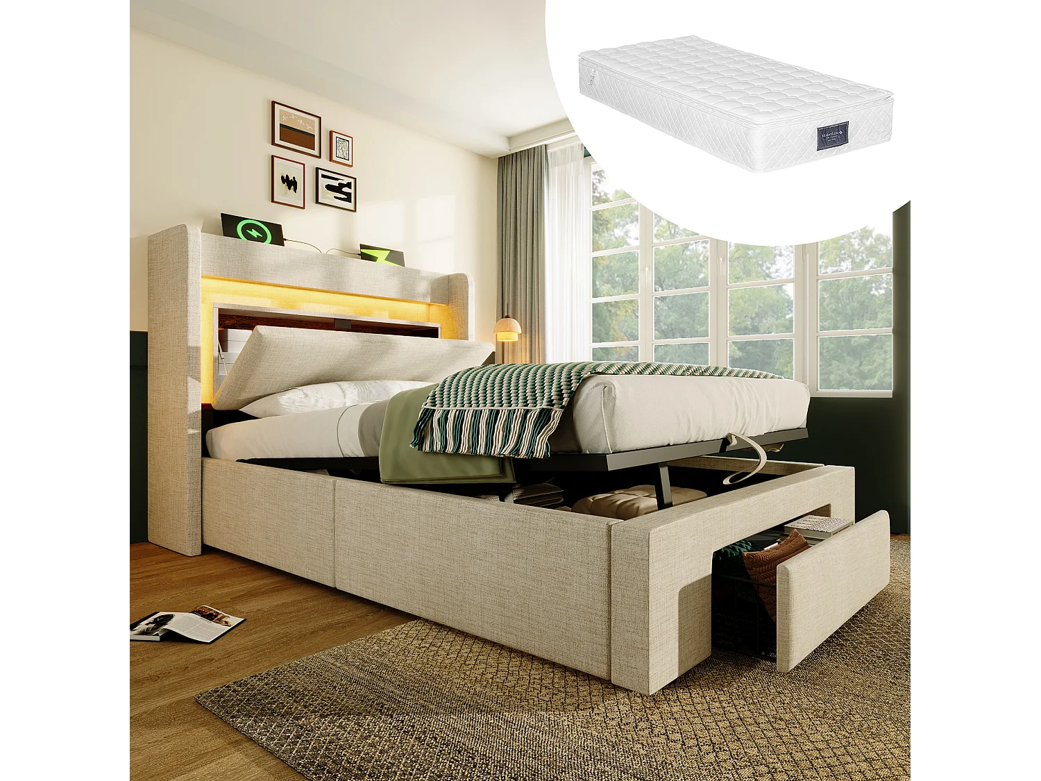 Łóżko tapicerowane hydrauliczne ze schowkiem - 90 x 200 cm - ze schowkiem na pościel w zagłówku + diody LED + USB + szuflada - pościel - beżowe (z materacem) 4840866 - obrazek 1