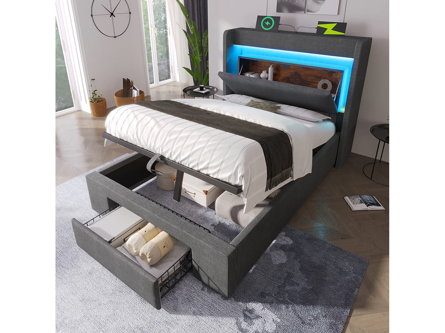 Łóżko tapicerowane hydrauliczne ze schowkiem - 90 x 200 cm - ze schowkiem na pościel w zagłówku + diody LED + USB + szuflada - len - szary 4840873 - obrazek 1