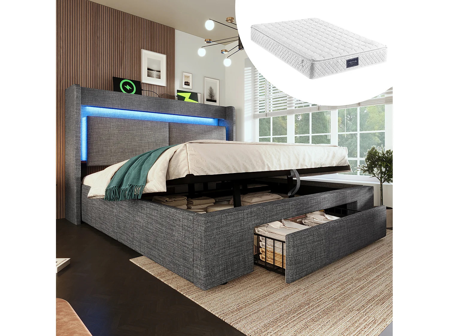 Łóżko tapicerowane hydrauliczne ze schowkiem - 160 x 200 cm - ze schowkiem na pościel w zagłówku + diody LED + USB + szuflada - pościel - szare (z materacem) 4840879 - obrazek 1