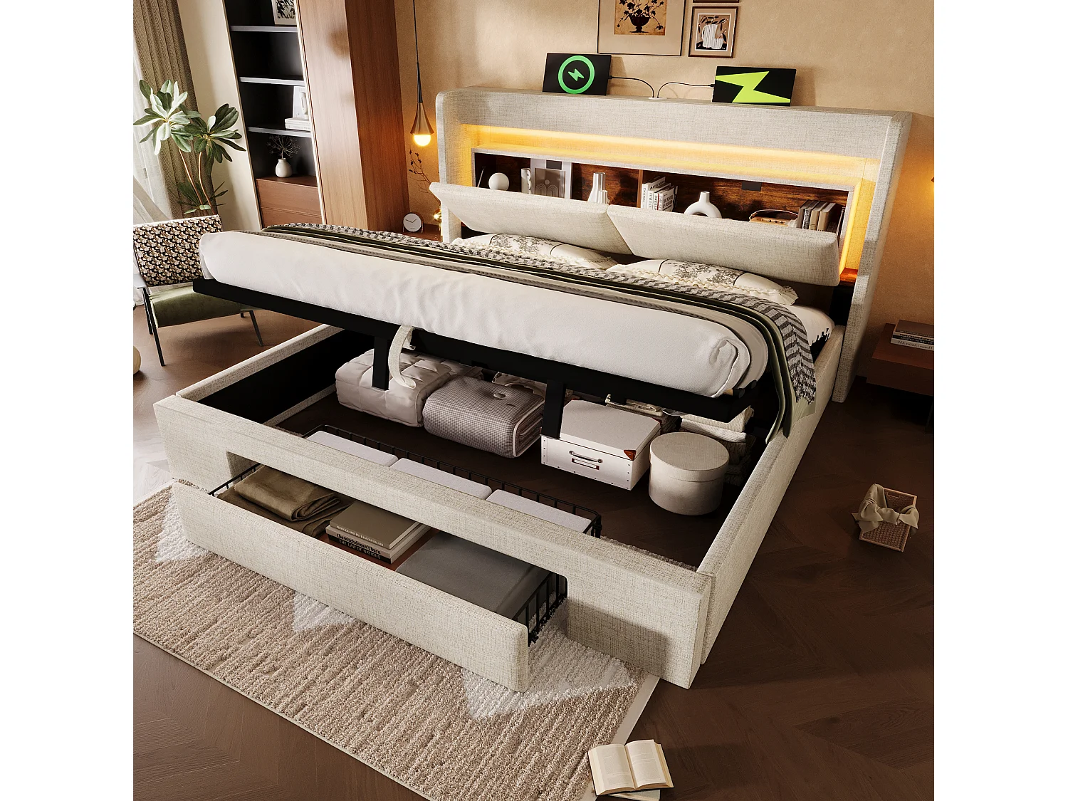Łóżko tapicerowane hydrauliczne ze schowkiem - 180 x 200 cm - ze schowkiem na pościel w zagłówku + diody LED + USB + szuflada - len - beż 4840881 - obrazek 1