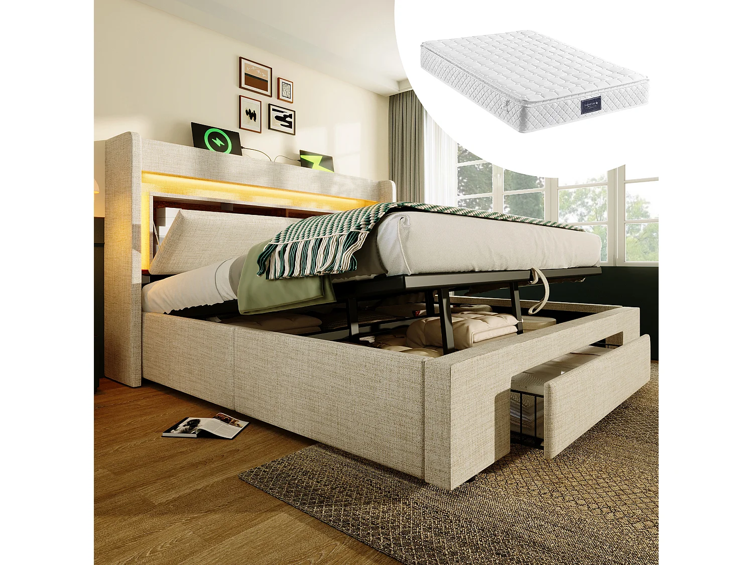 Łóżko tapicerowane hydrauliczne ze schowkiem - 160 x 200 cm - ze schowkiem na pościel w zagłówku + diody LED + USB + szuflada - pościel - beżowe (z materacem) 4840893 - obrazek 1