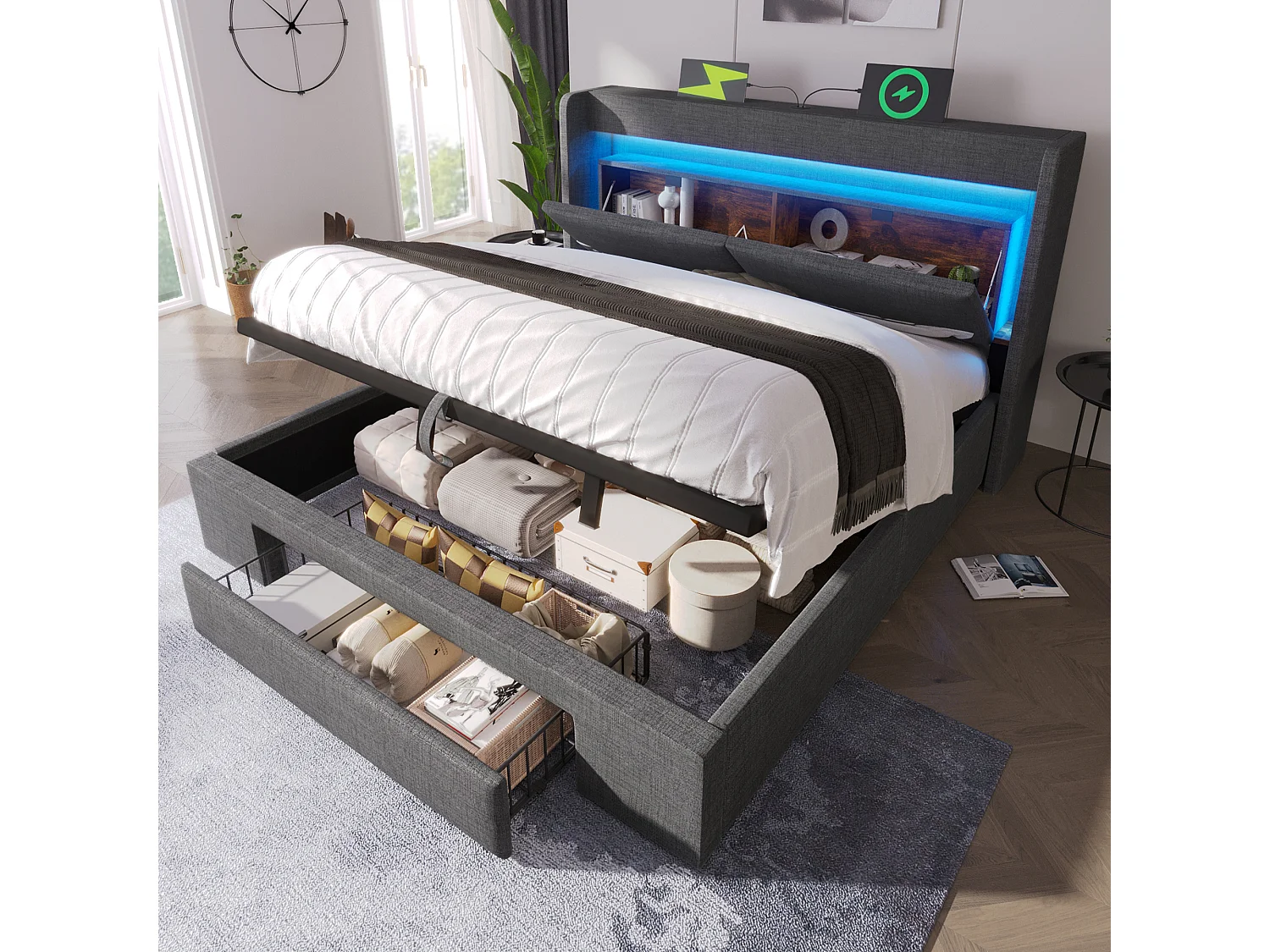 Łóżko tapicerowane hydrauliczne ze schowkiem - 180 x 200 cm - ze schowkiem na pościel w zagłówku + diody LED + USB + szuflada - len - szary 4840896 - obrazek 1