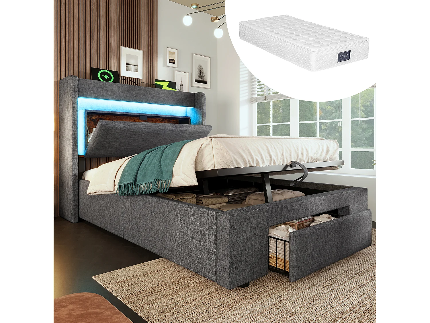 Łóżko tapicerowane hydrauliczne ze schowkiem - 90 x 200 cm - ze schowkiem na pościel w zagłówku + diody LED + USB + szuflada - pościel - szare (z materacem) 4840901 - obrazek 1