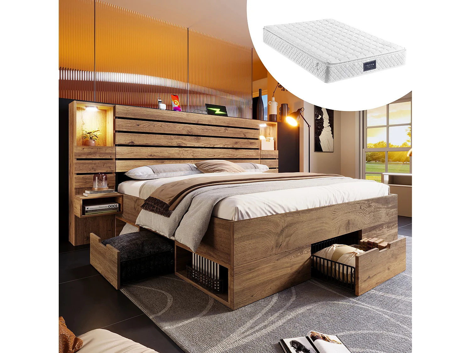 Łóżko podwójne z efektem dębu - 160 x 200 cm - z diodami LED + USB + 2 szafki nocne + szuflady - drewno - naturalne (z materacem) 4840906 - obrazek 1
