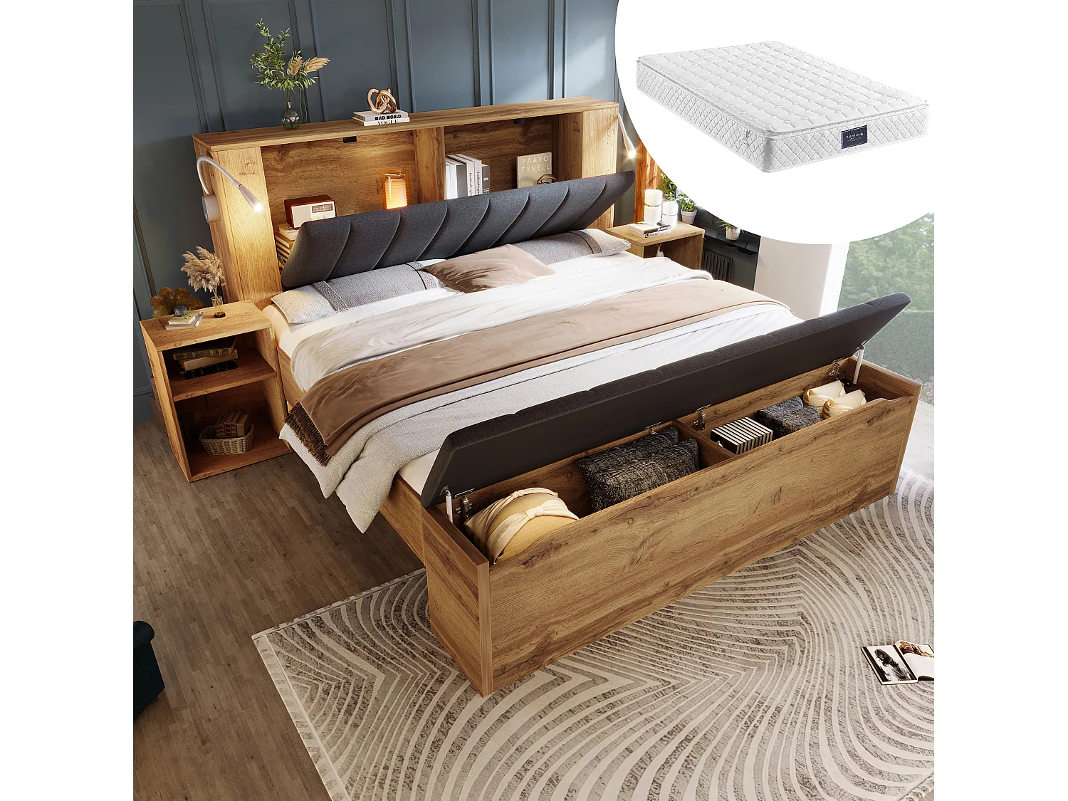 Łóżko podwójne - 160 x 200 cm - ze składanym zagłówkiem + 2 szafki nocne + ława ze schowkiem + 2 lampki - naturalne (z materacem) 4840908 - obrazek 1