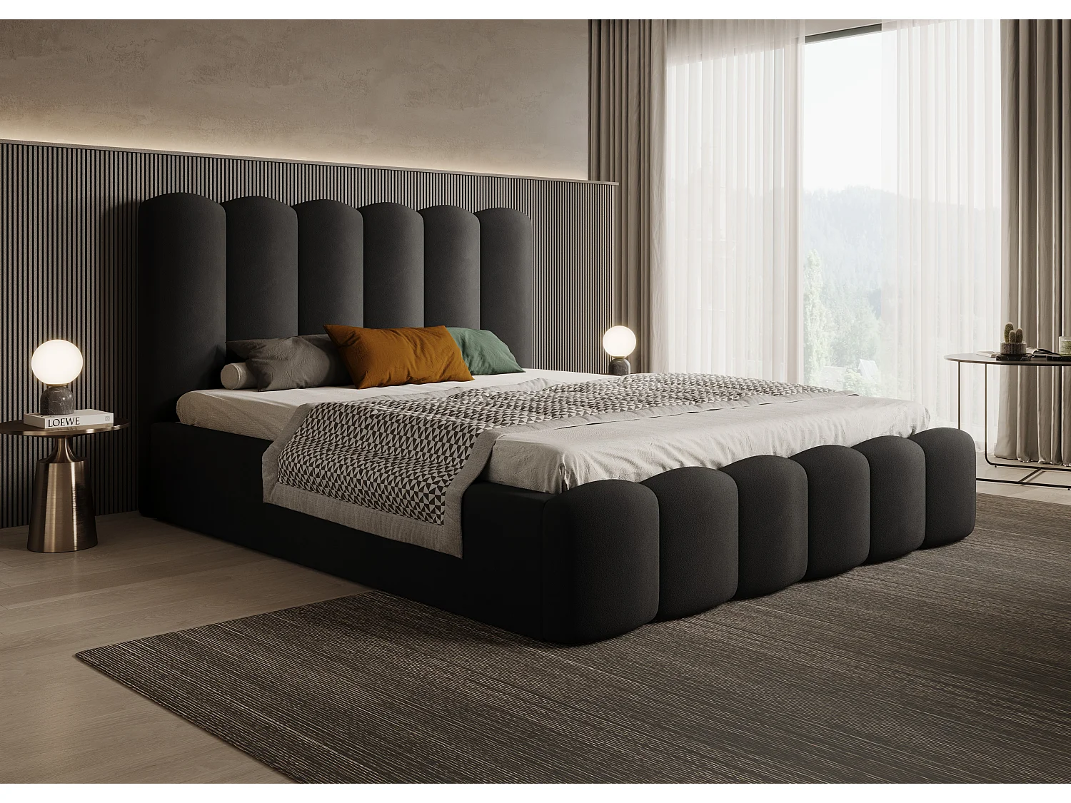 Łóżko tapicerowane MONA V DomoHome, tkanina premium z miejscem do przechowywania, 140x200 cm, Czarny 3912320 - obrazek 1