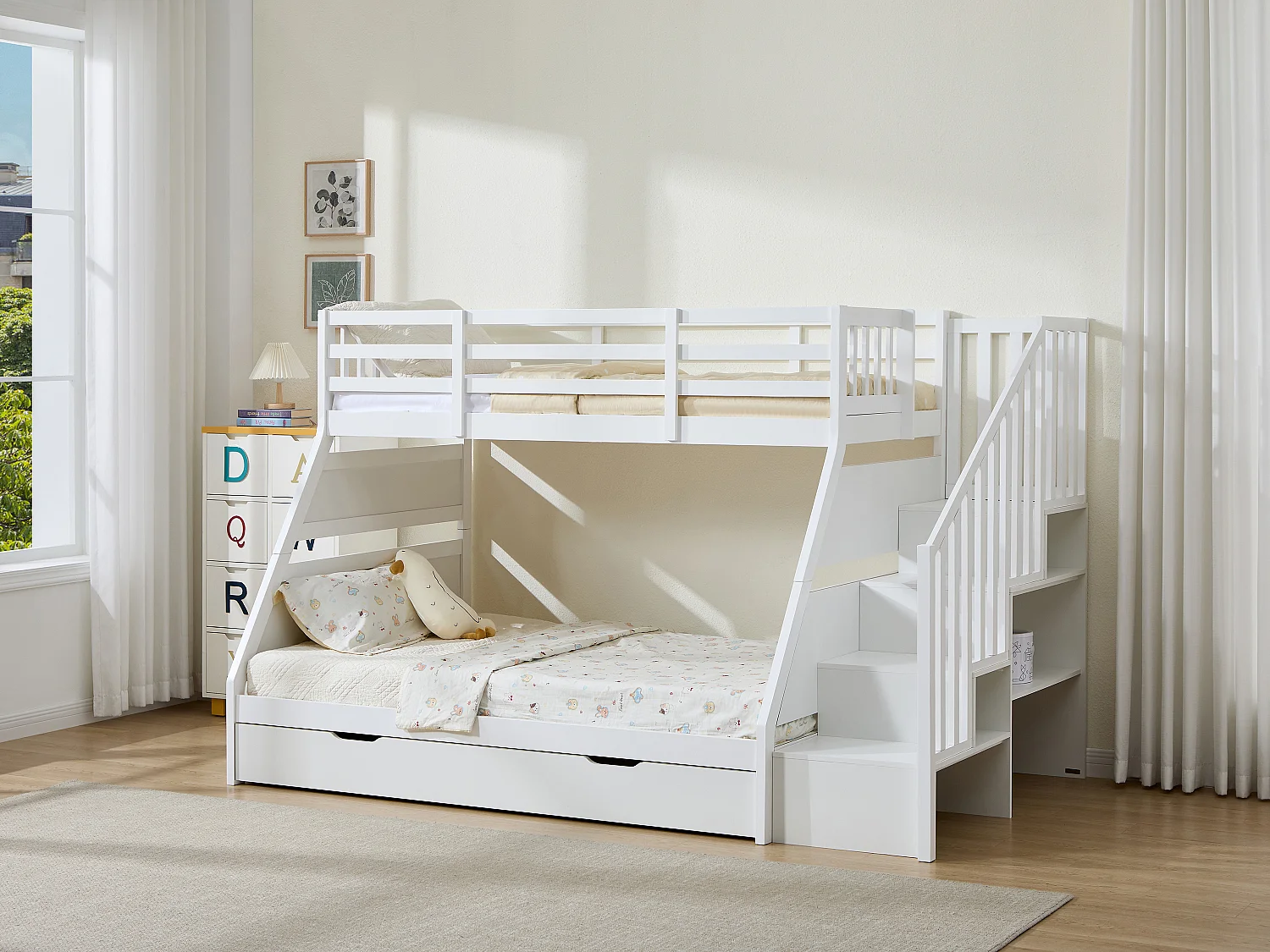 Łóżka piętrowe 90 i 140 x 190 cm z pojemnikami – Sosna i MDF – Białe – LAKAYO 4077064