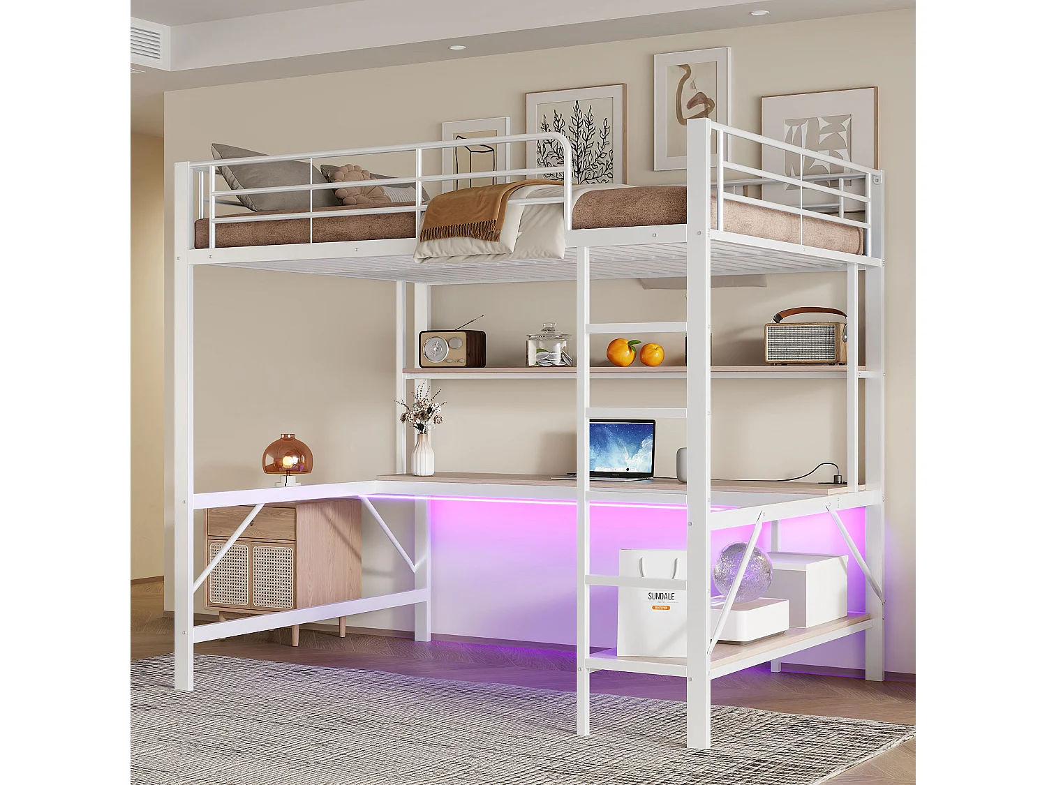 Łóżko piętrowe z barierką i drabinką - 140 x 200 cm - z USB i zasilaczem - oświetlenie LED i biurko - materac nie jest wliczony w cenę - metalowe - białe 4044928 - obrazek 1