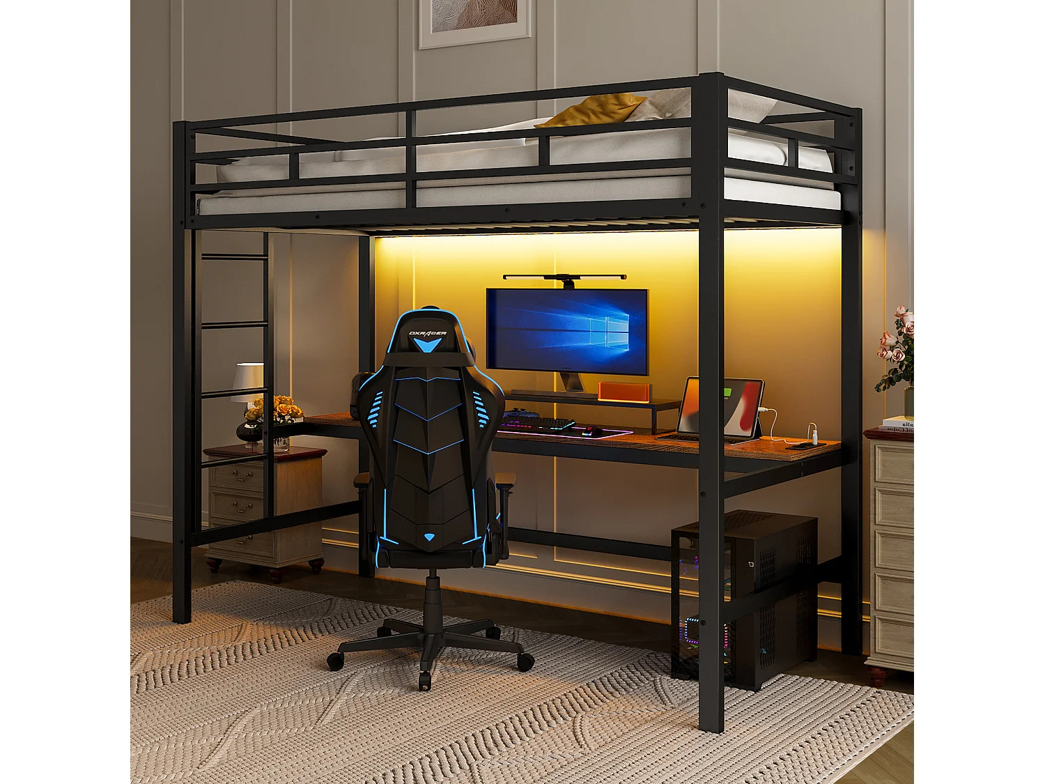Łóżko piętrowe z barierką i drabinką - 90 x 200 cm - z USB i stolikiem - LED - bez materaca - metalowe - białe 4044927 - obrazek 1