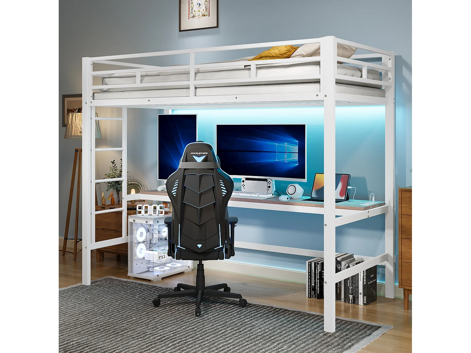 Łóżko piętrowe z barierką i drabinką - 90 x 200 cm - z USB i stolikiem - LED - bez materaca - metalowe - białe 4044931 - obrazek 1