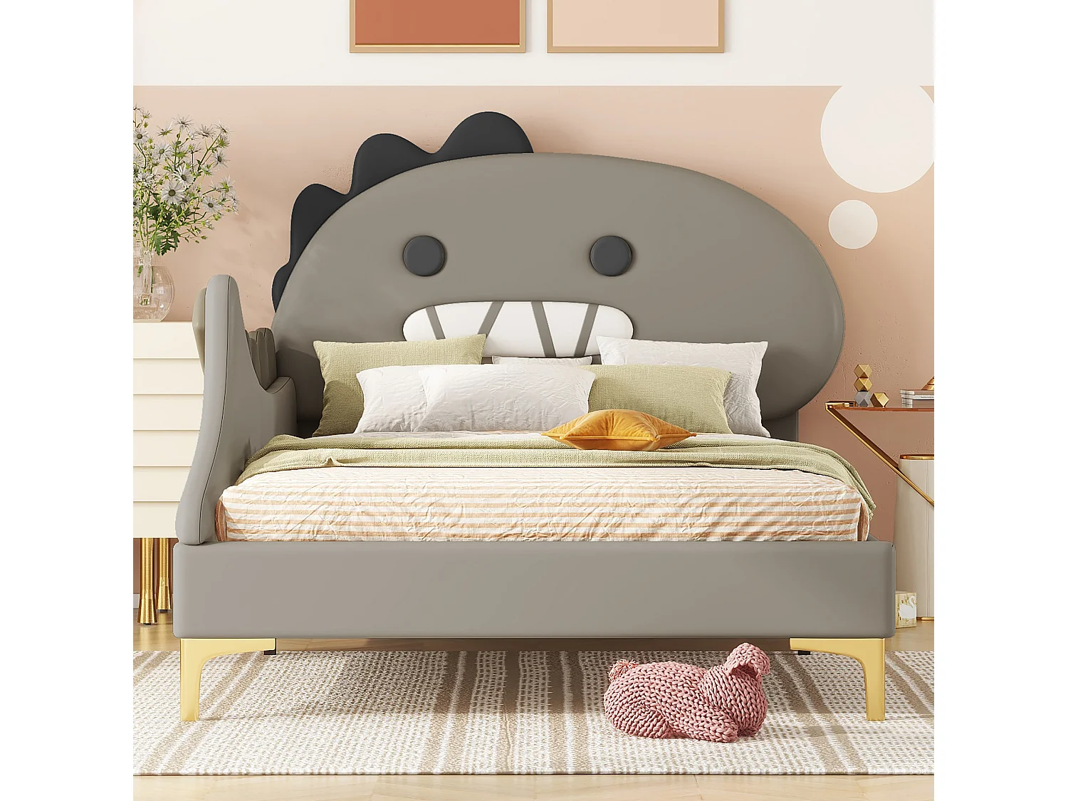 Łóżko platformowe dla dzieci - 90 x 200 cm - kształt dinozaura z kreskówki - PU - szare 4044860 - obrazek 1