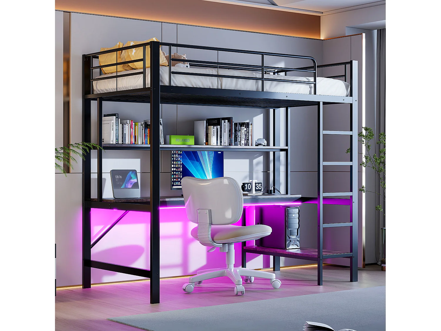 Łóżko piętrowe z barierką i drabinką - 90 x 200 cm - z USB i zasilaniem sieciowym - oświetlenie LED i biurko - materac nie jest wliczony w cenę - metalowe - czarne 4044926 - obrazek 1