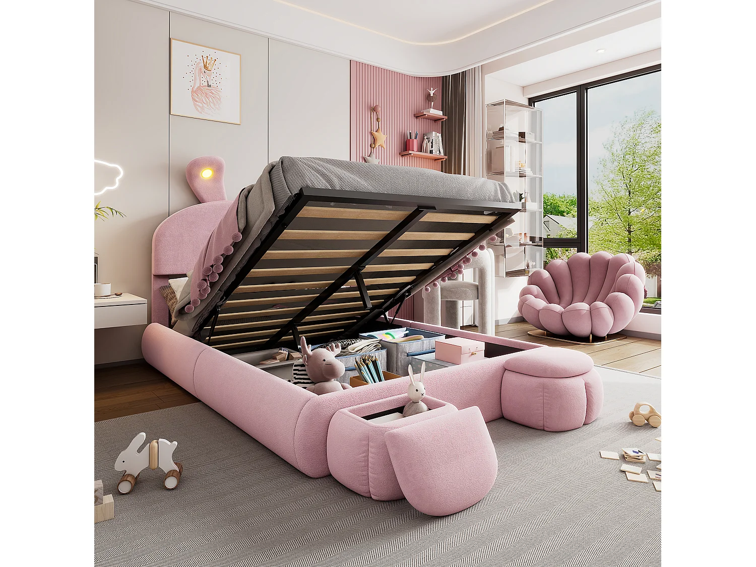 Łóżko podwójne ze schowkiem - 140 x 200 cm - z 2 stołkami ze schowkiem - uszy królika z diodami LED - aksamit - różowy 4044925 - obrazek 1