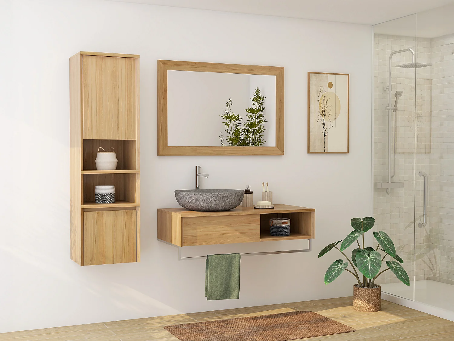 Wisząca kolumna łazienkowa z drewna tekowego z wnękami – H140 cm – KUPANG 4630296