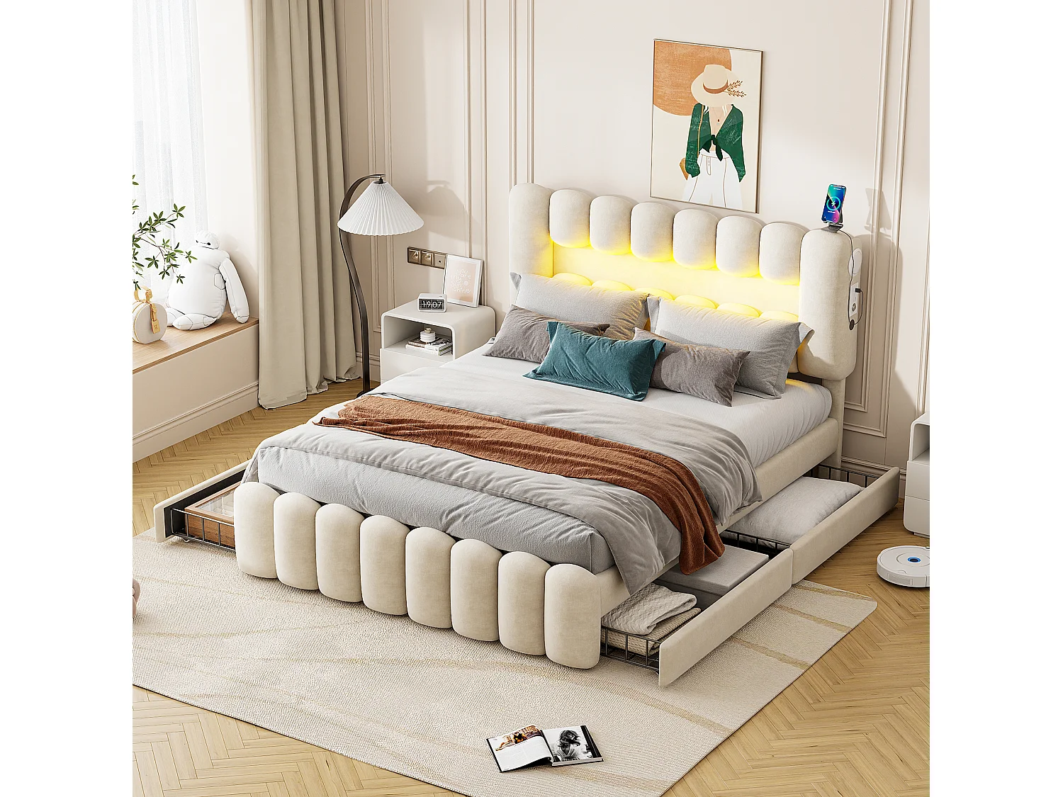 Łóżko tapicerowane 160 x 200 cm z 4 szufladami - Oświetlenie LED i porty USB - Aksamit - Stelaż z listew - Beżowe (materac nie jest wliczony w cenę) 3703084 - obrazek 1