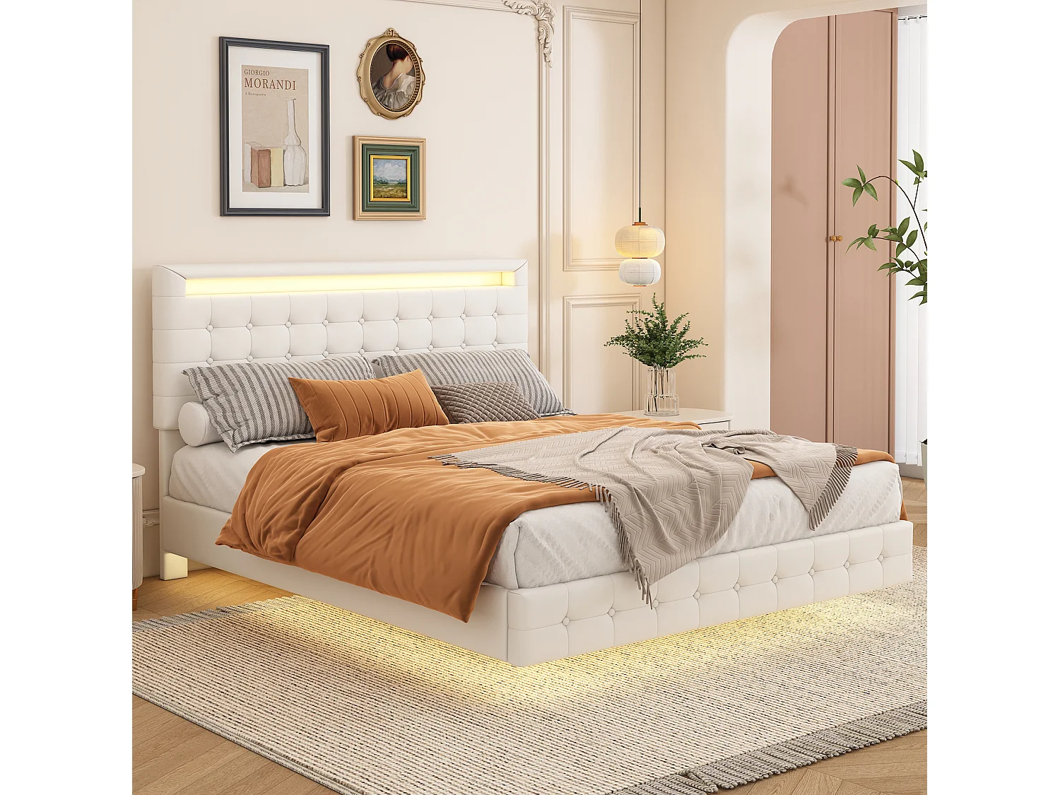 Łóżko tapicerowane 140 x 200 cm, Łóżko wiszące z zagłówkiem - Skóra ekologiczna - Diody LED - Stelaż listwowy - Biały 3267327 - obrazek 1