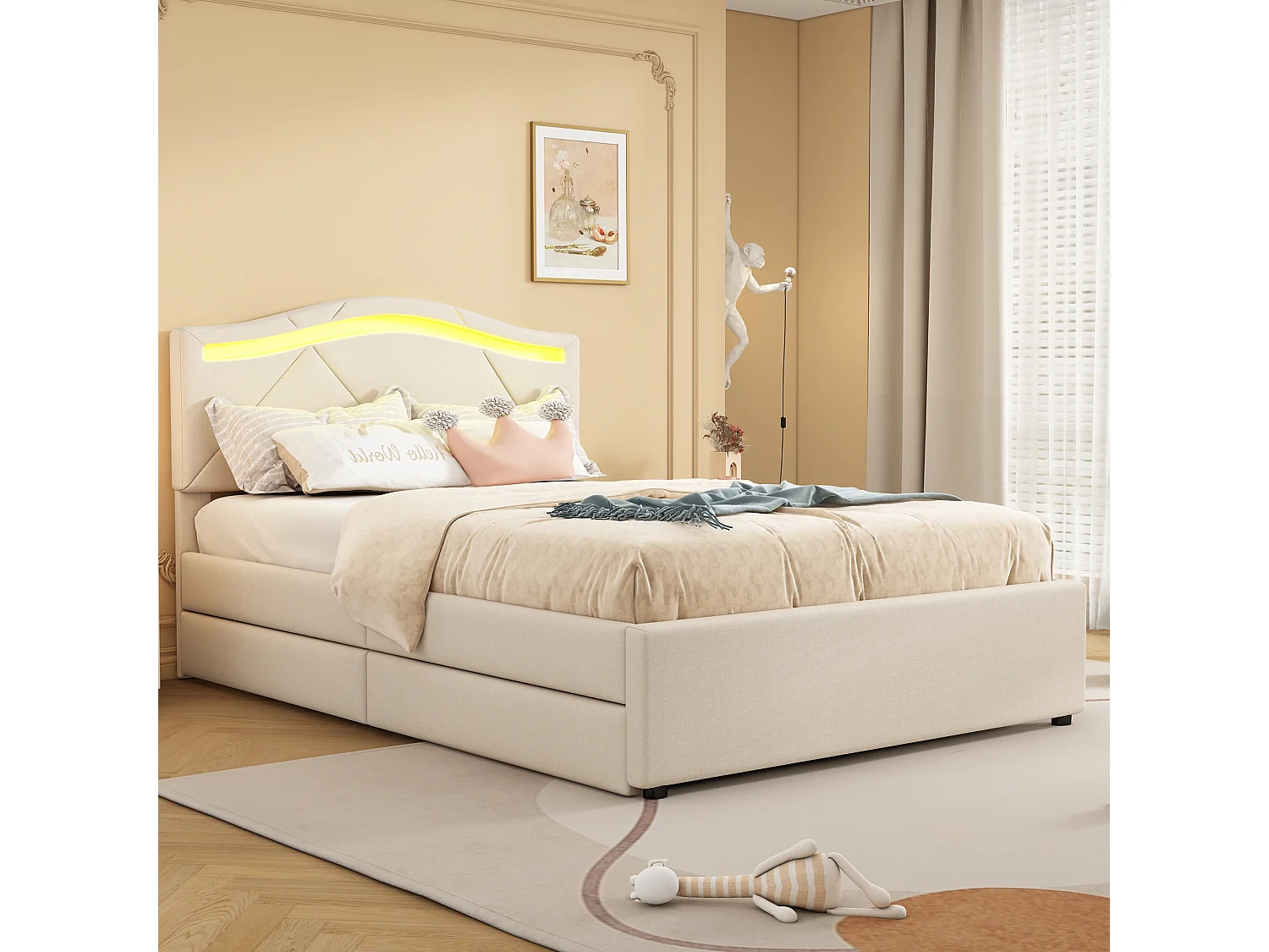 Łóżko tapicerowane - 90 x 200 cm - z regulowanym zagłówkiem i 2 szufladami - tkanina lniana - diody LED - kolor beżowy 4044861 - obrazek 1