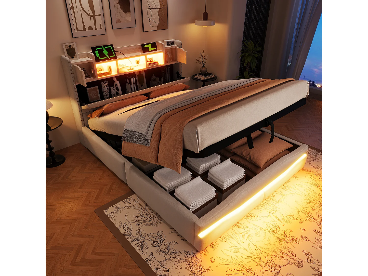Łóżko tapicerowane z pojemnikiem - 140 x 200 cm - z USB-C + diodami LED - zagłówek ze schowkiem - len + płyta MDF - beż 4271821 - obrazek 1