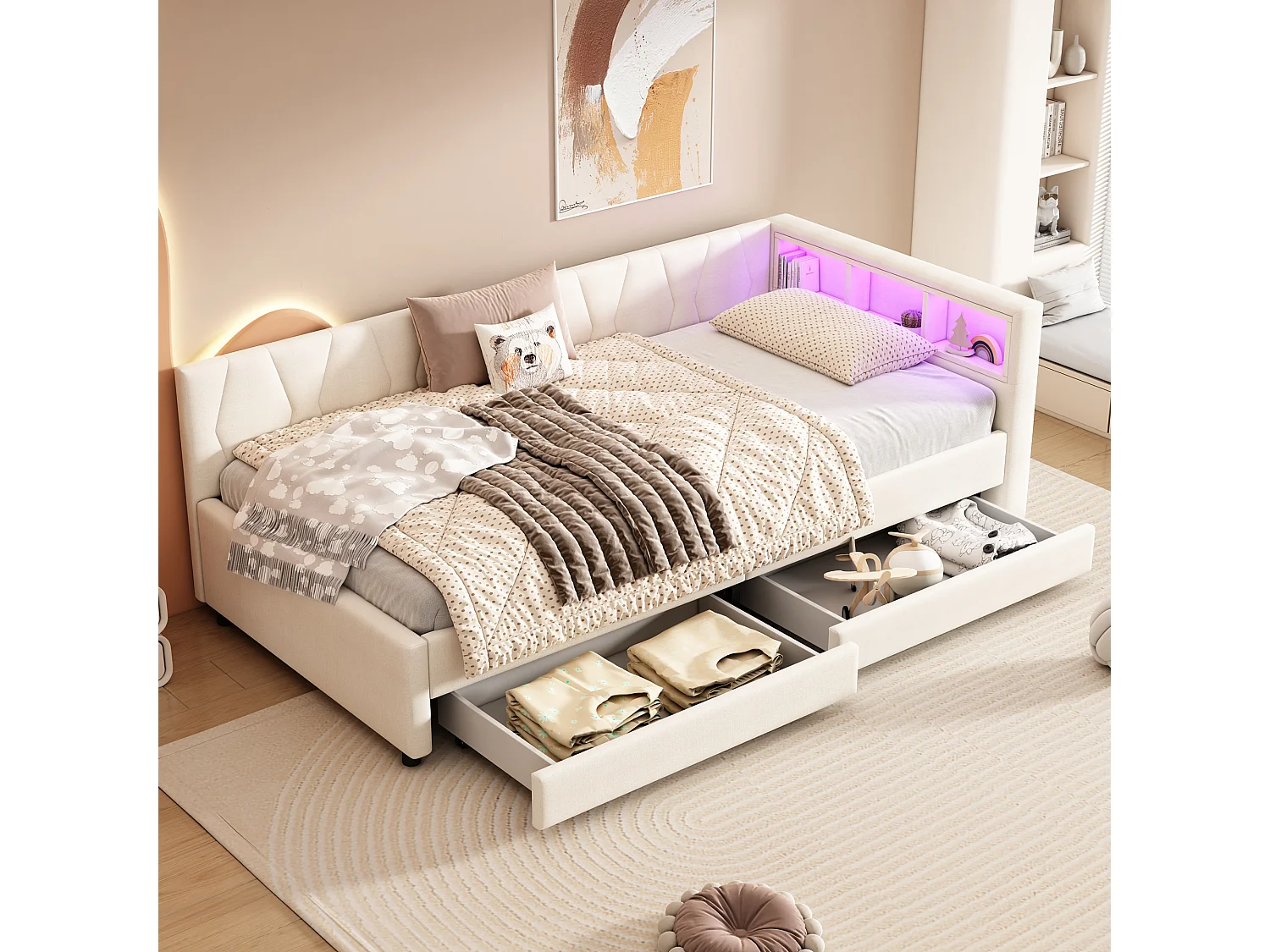 Łóżko tapicerowane 90 x 200 cm z zagłówkiem i 2 szufladami - LED-y, gniazdo USB + typ C - Tkanina lniana - Beżowe (materac nie jest wliczony w cenę) 3703094 - obrazek 1