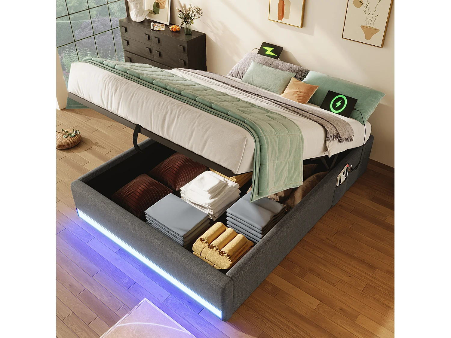 Łóżko tapicerowane z pojemnikiem - 90 x 200 cm - z diodami LED + USB + Type-C - bez zagłówka - len + płyta MDF - szare 4273657 - obrazek 1