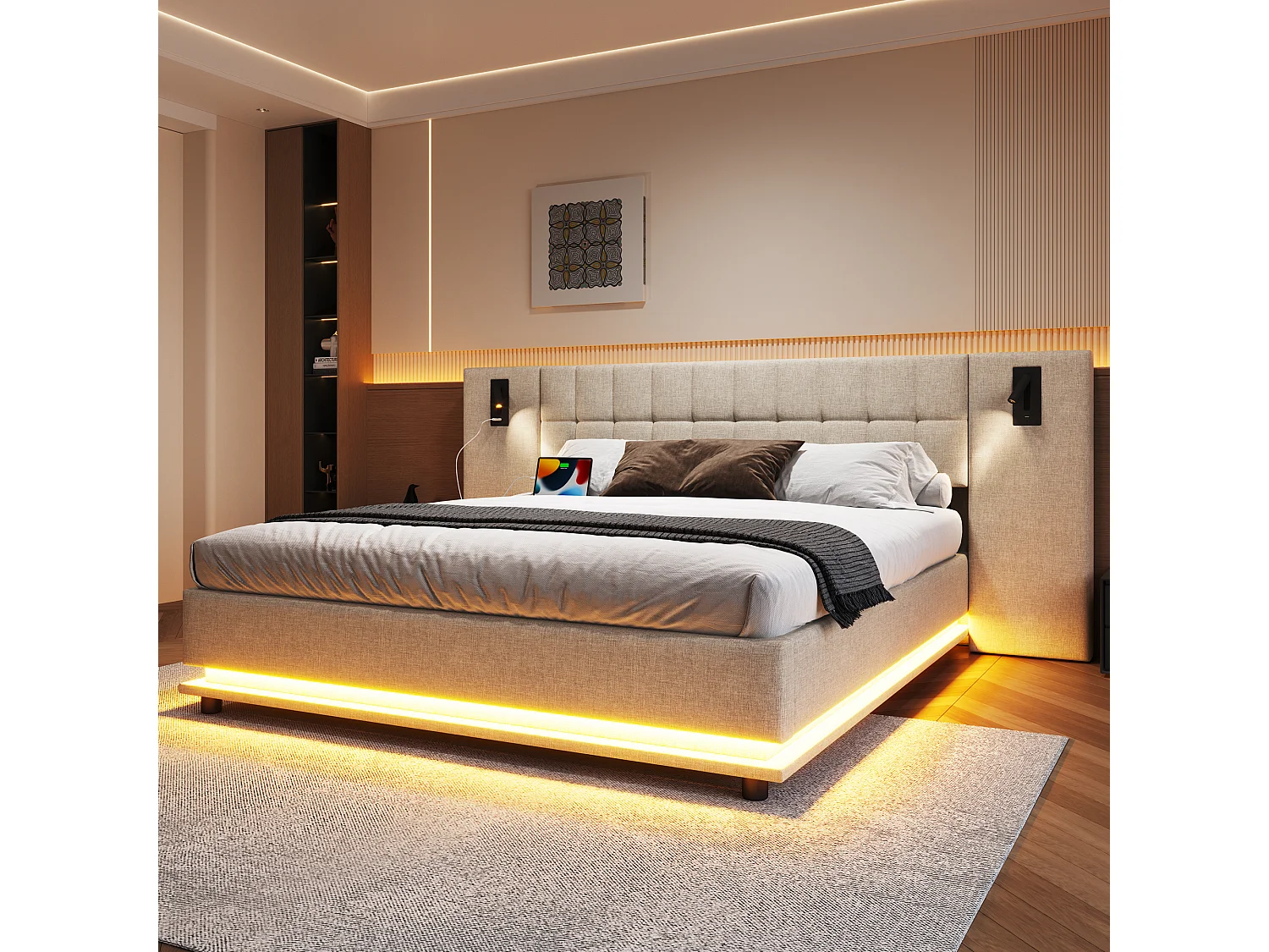 Łóżko tapicerowane dwuosobowe – 180 x 200 cm – z diodami LED + zagłówek z oświetleniem + USB – len – beż 4351283