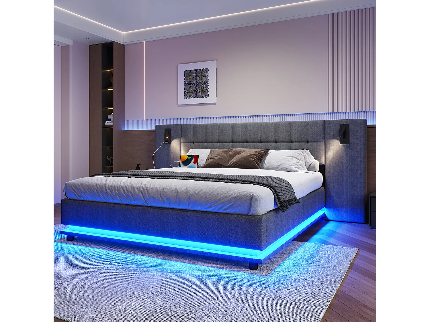 Łóżko tapicerowane dwuosobowe – 180 x 200 cm – z diodami LED + zagłówek z oświetleniem + USB – len – szary 4351337