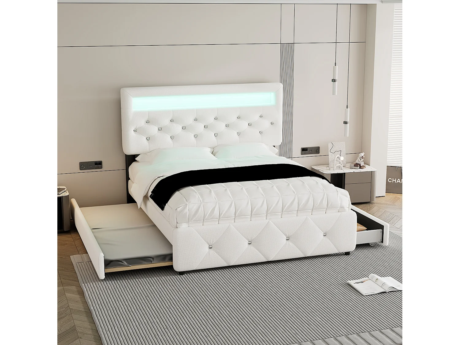 Łóżko tapicerowane dwuosobowe z pojemnikiem - 140 x 200 cm - z wysuwaną sofą i 2 szufladami - podświetlana szafka nocna - Pościel - kolor biały 4044918 - obrazek 1