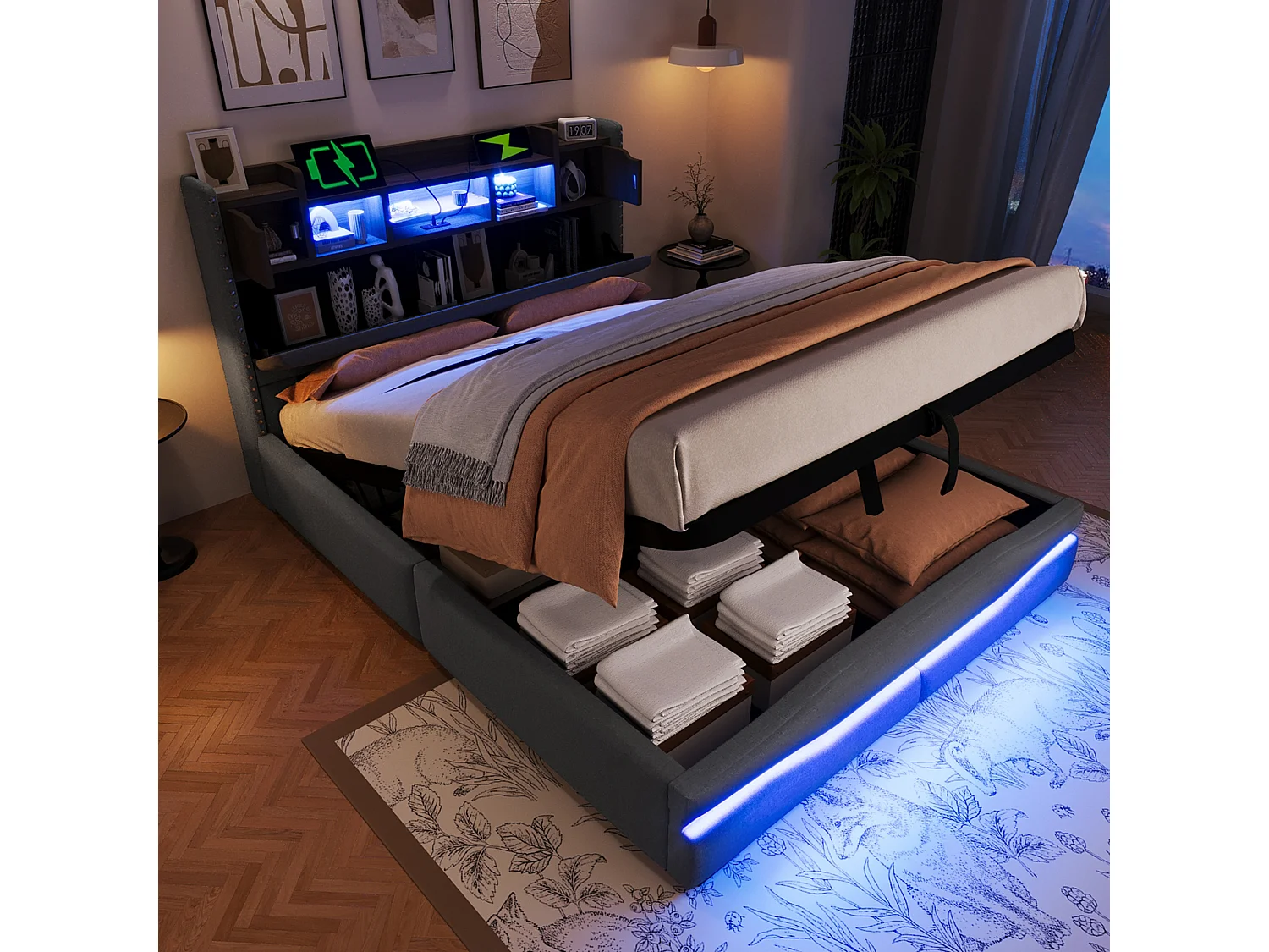 Łóżko tapicerowane z pojemnikiem - 140 x 200 cm - z USB-C + diodami LED - zagłówek ze schowkiem - len + płyta MDF - szare 4271831 - obrazek 1