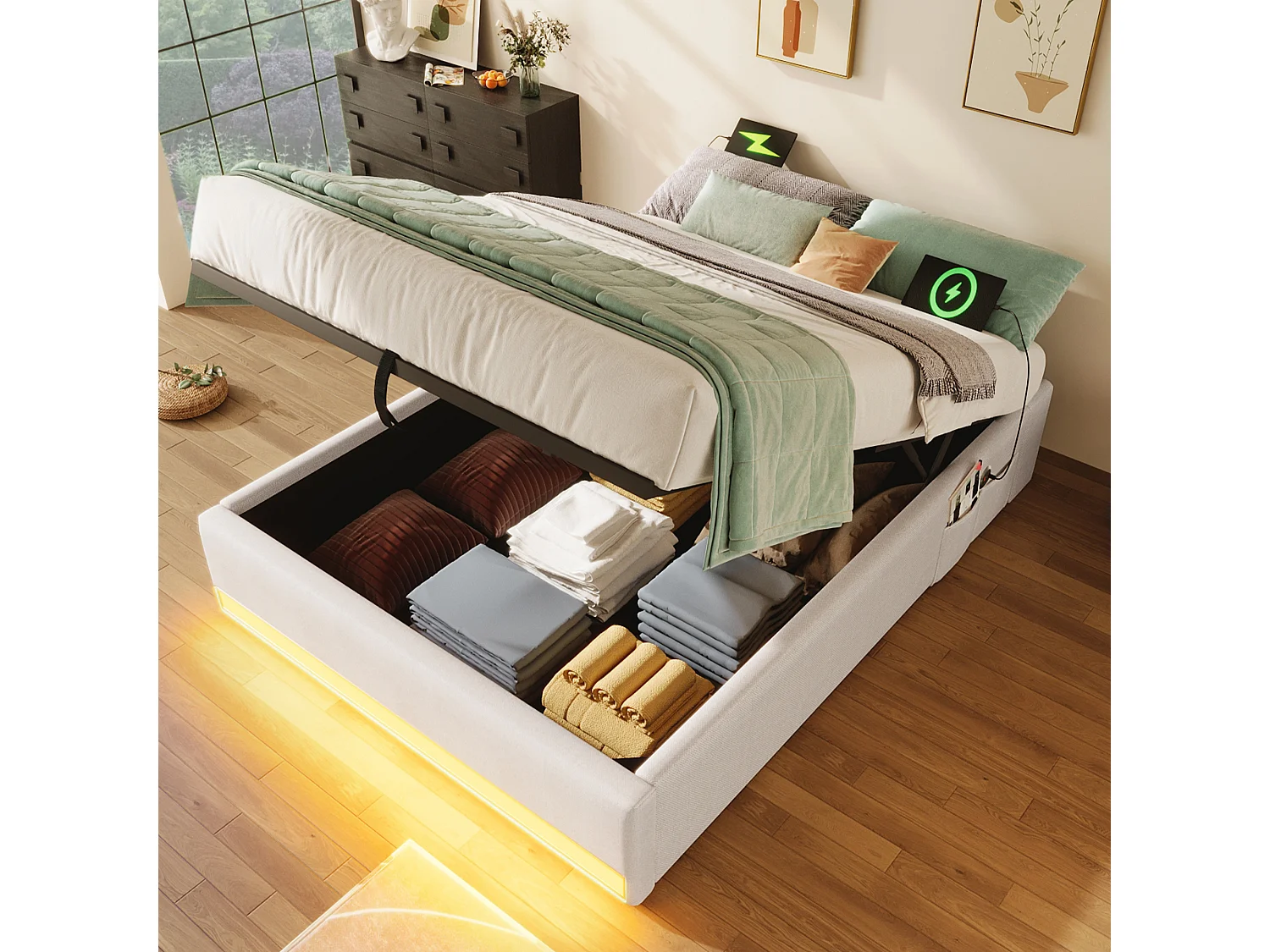 Łóżko tapicerowane ze schowkiem - 90 x 200 cm - z diodami LED + USB + Type-C - bez zagłówka - len + płyta MDF - beżowe 4273586 - obrazek 1