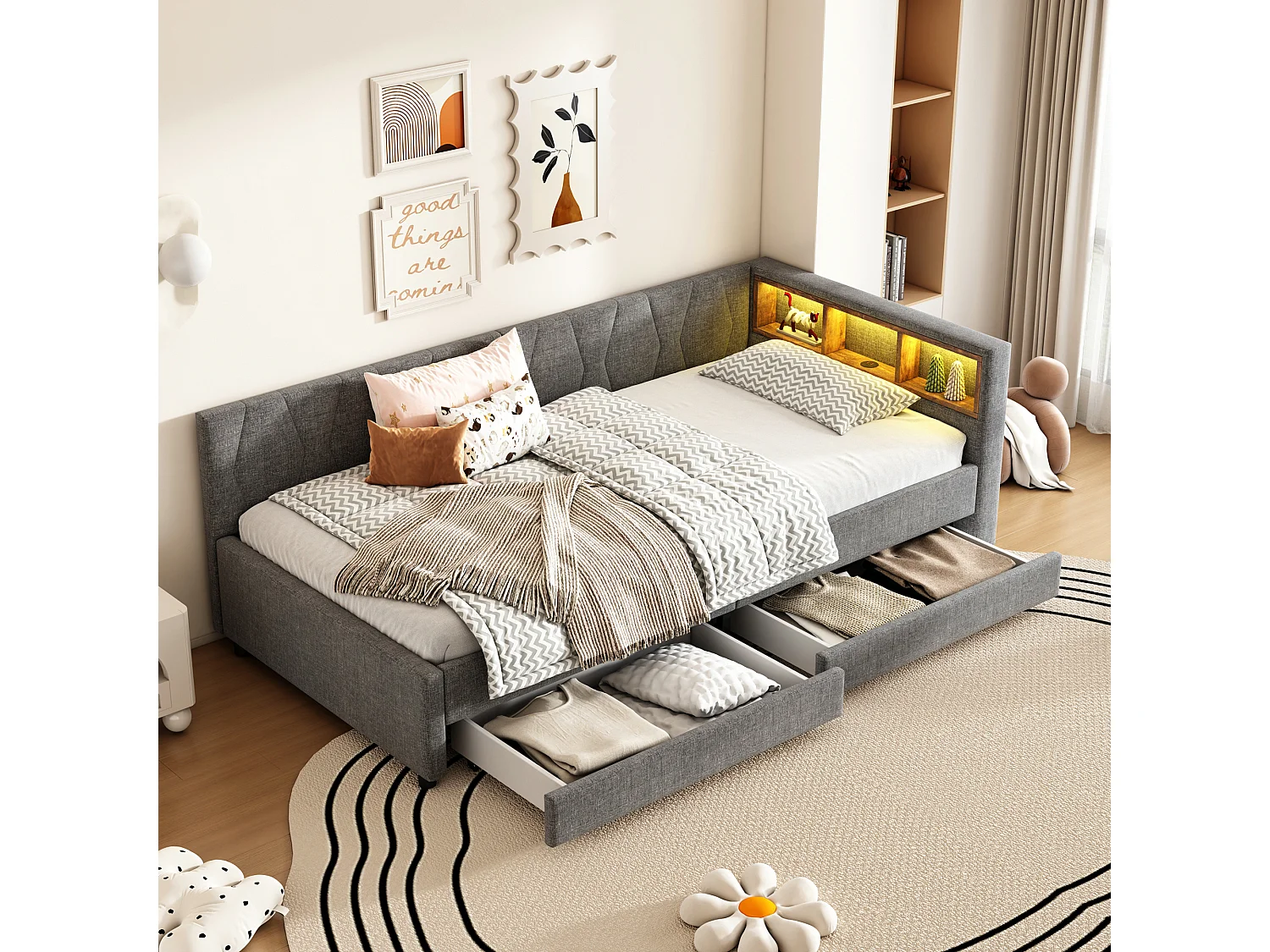 Łóżko tapicerowane 90 x 200 cm z zagłówkiem i 2 szufladami - LED-y, gniazdo USB + typ C - tkanina lniana - kolor szary (materac nie jest wliczony w cenę) 3703071 - obrazek 1