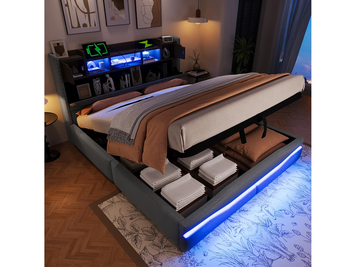 Łóżko tapicerowane z pojemnikiem - 160 x 200 cm - z USB-C + diodami LED - zagłówek ze schowkiem - len + płyta MDF - szare 4271833 - obrazek 1