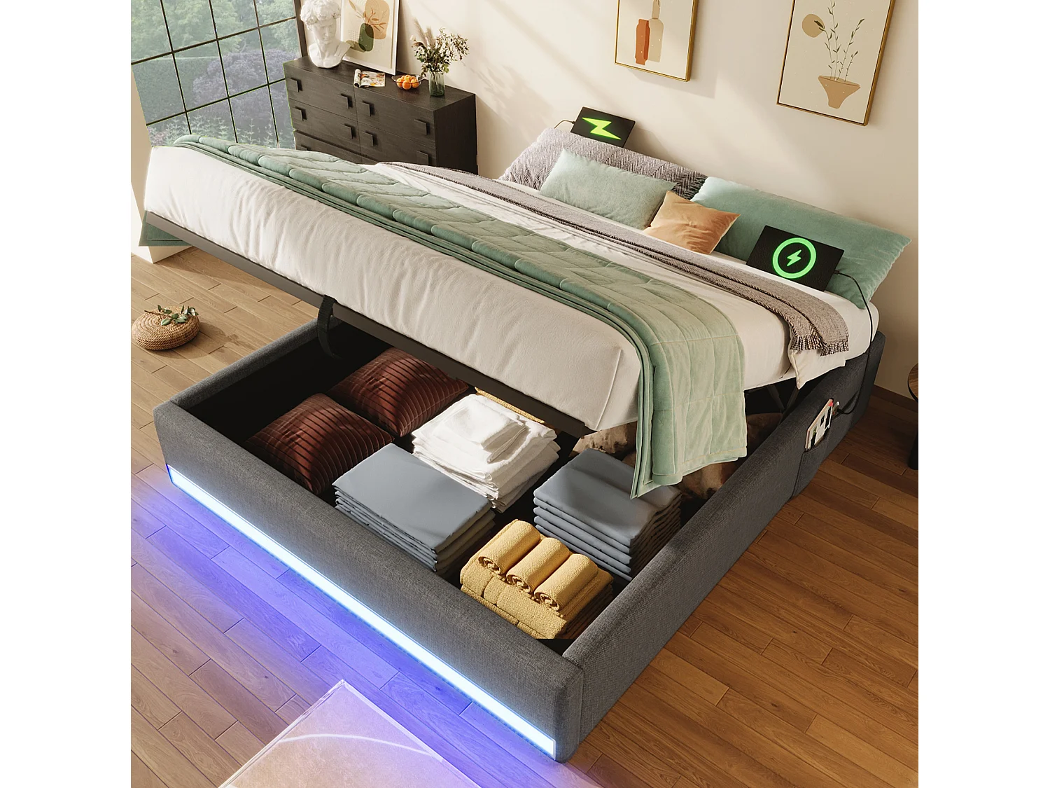 Łóżko tapicerowane z pojemnikiem - 140 x 200 cm - z diodami LED + USB + Type-C - bez zagłówka - len + płyta MDF - szare 4273621 - obrazek 1