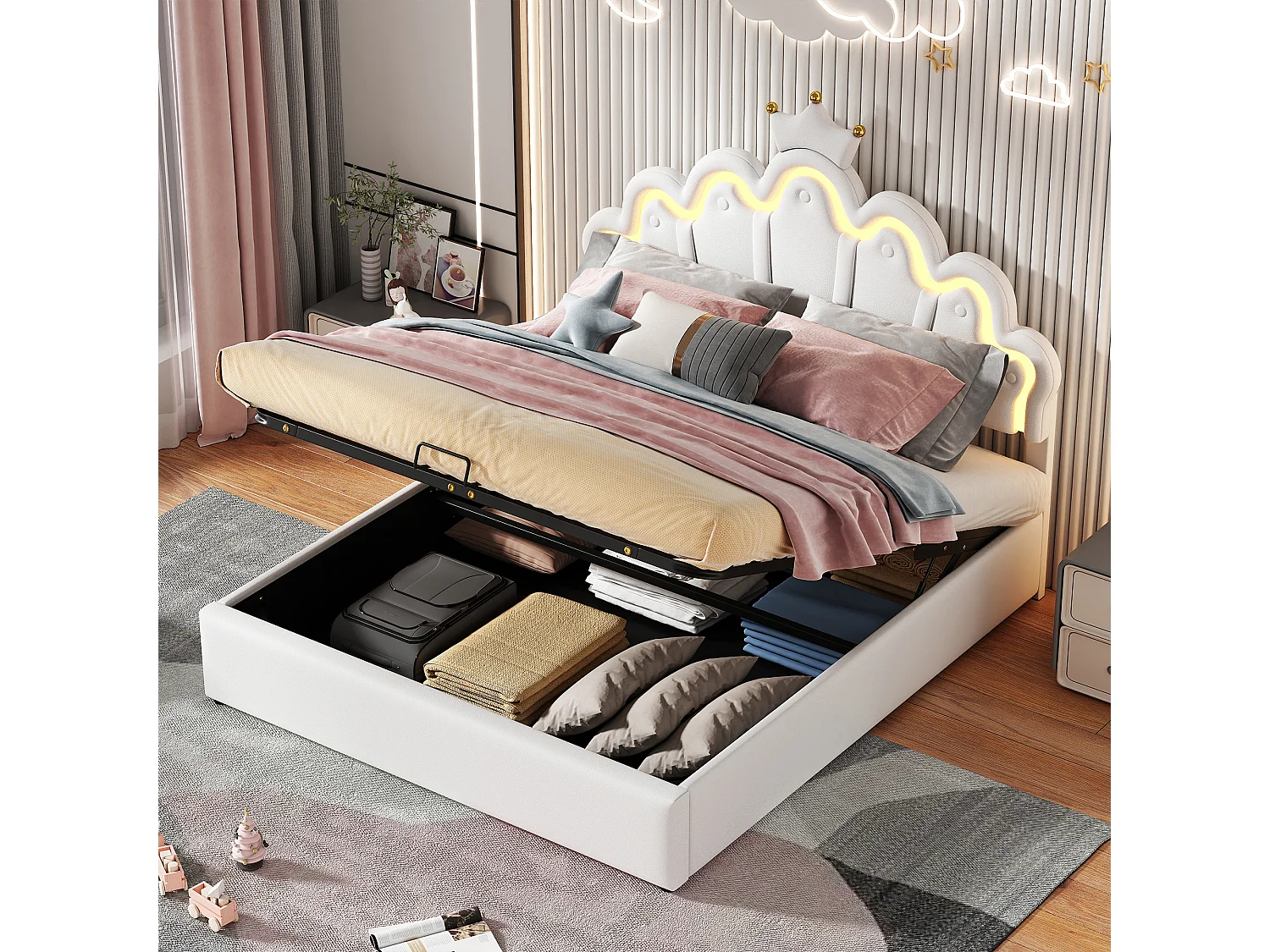 Łóżko z pojemnikiem w kształcie korony 140 x 200 cm – Łóżko księżniczki – Diody LED – Skóra ekologiczna – Białe 3351692